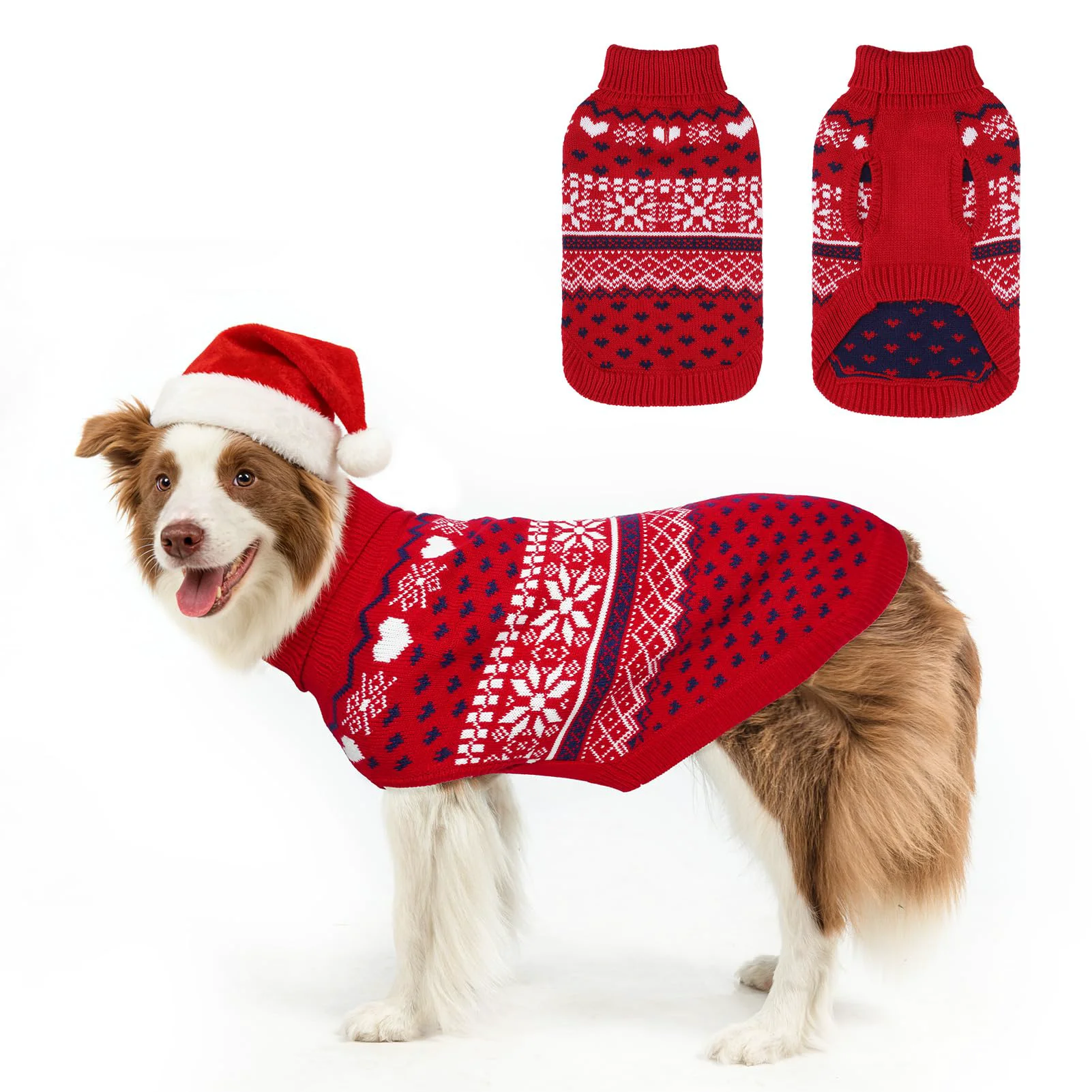 High-Quality SCENE Dog Sweaters Red Knitted Turtleneck Pullover with Hearts Snowflakes Premium Material