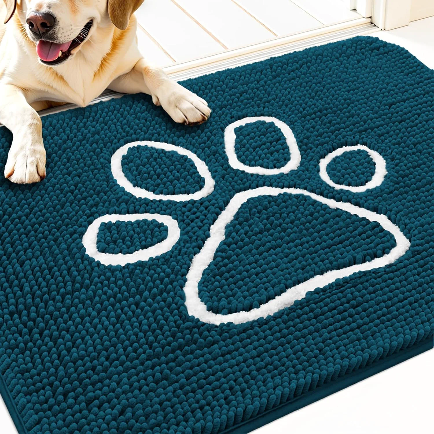 Professional OLANLY Door Mat for Muddy Dog Paws 30x20 Absorbent Chenille Mud Doormat with Paw Print Design Non-Slip Washable Doormat for Indoor Entryway Quick-Dry Pet Bed Mats for Dirty Dogs Atlantic Blue Detailed