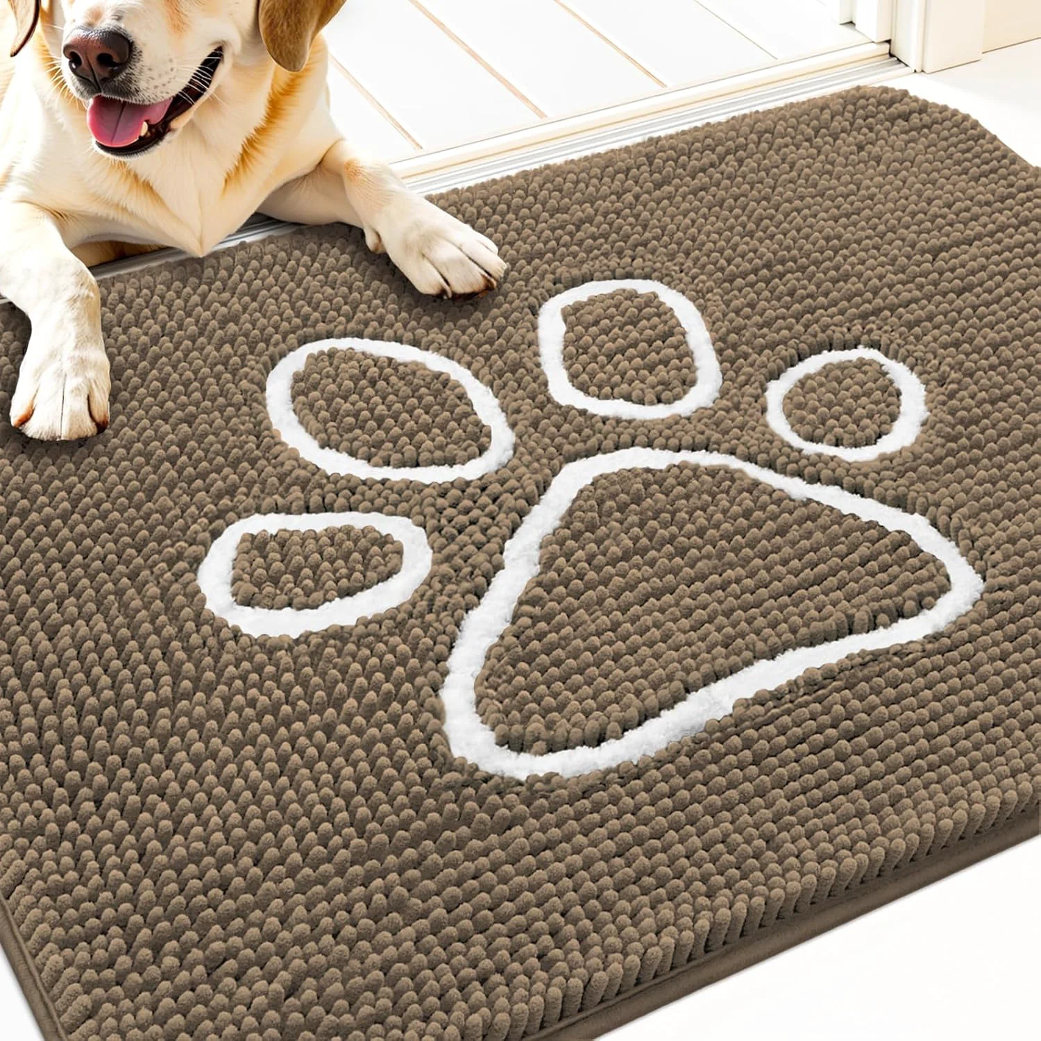 Lightweight OLANLY Door Mat for Muddy Dog Paws 30x20 Ultra Absorbent Chenille Mud Doormat with Paw Print Design Non-Slip Washable Doormat for Indoor Entryway Quick-Dry Pet Bed Mats for Dirty Dogs Tan Trendy
