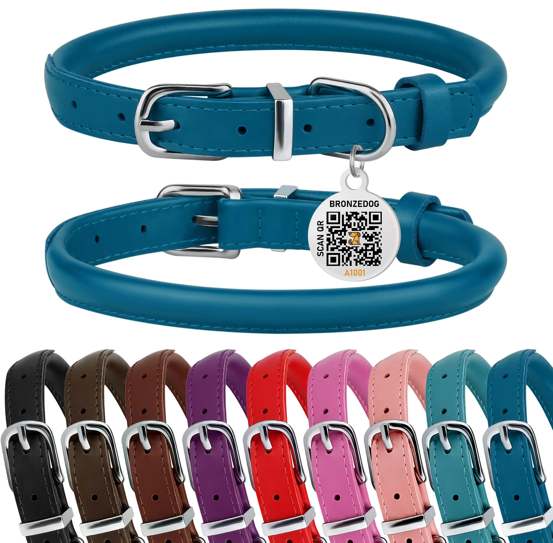 Solid BRONZEDOG Rolled Leather Dog Collar 16-18 Ocean Blue with QR ID Tag Official