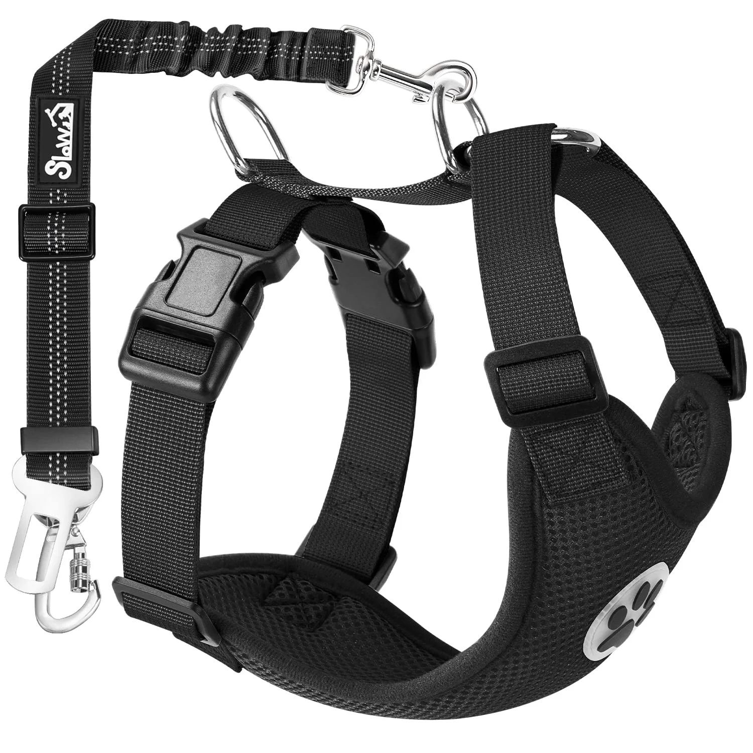 Crafted Lukovee Dog Seat Belt for Car – 2-in-1 Adjustable Harness Medium Black Double Clip Contemporary