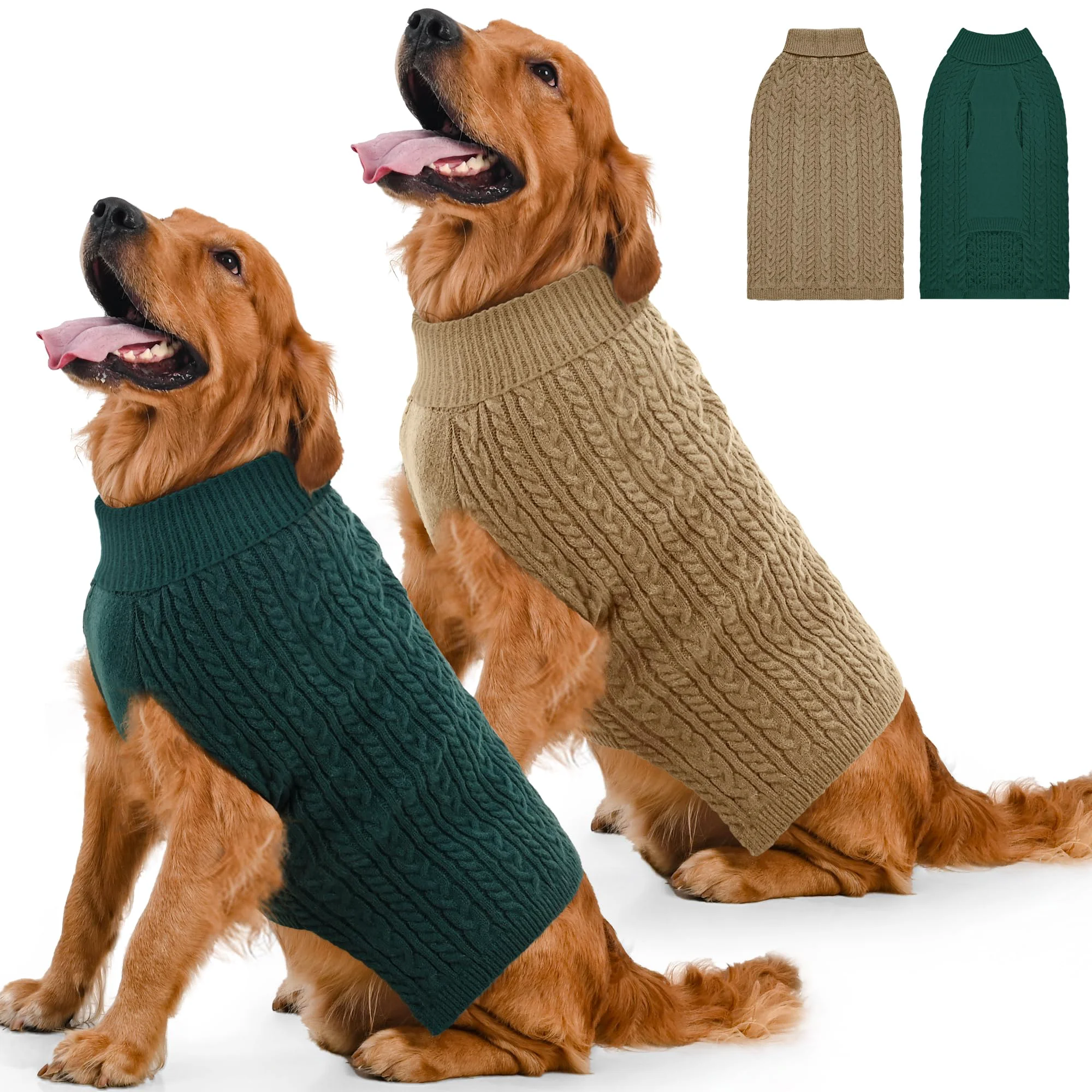 Organic Lorehelina 2 Pack Dog Sweaters for Large Dogs – Winter Cable Knit Turtleneck Pullovers XL Green Brown Fine Crafted