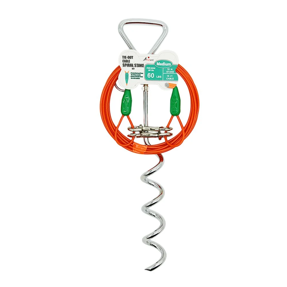 Innovative Petest 16 Inch Spiral Stake 15ft Tie-Out for Medium Dogs Up to 60 lbs — DarkGreen Orange Long-Lasting
