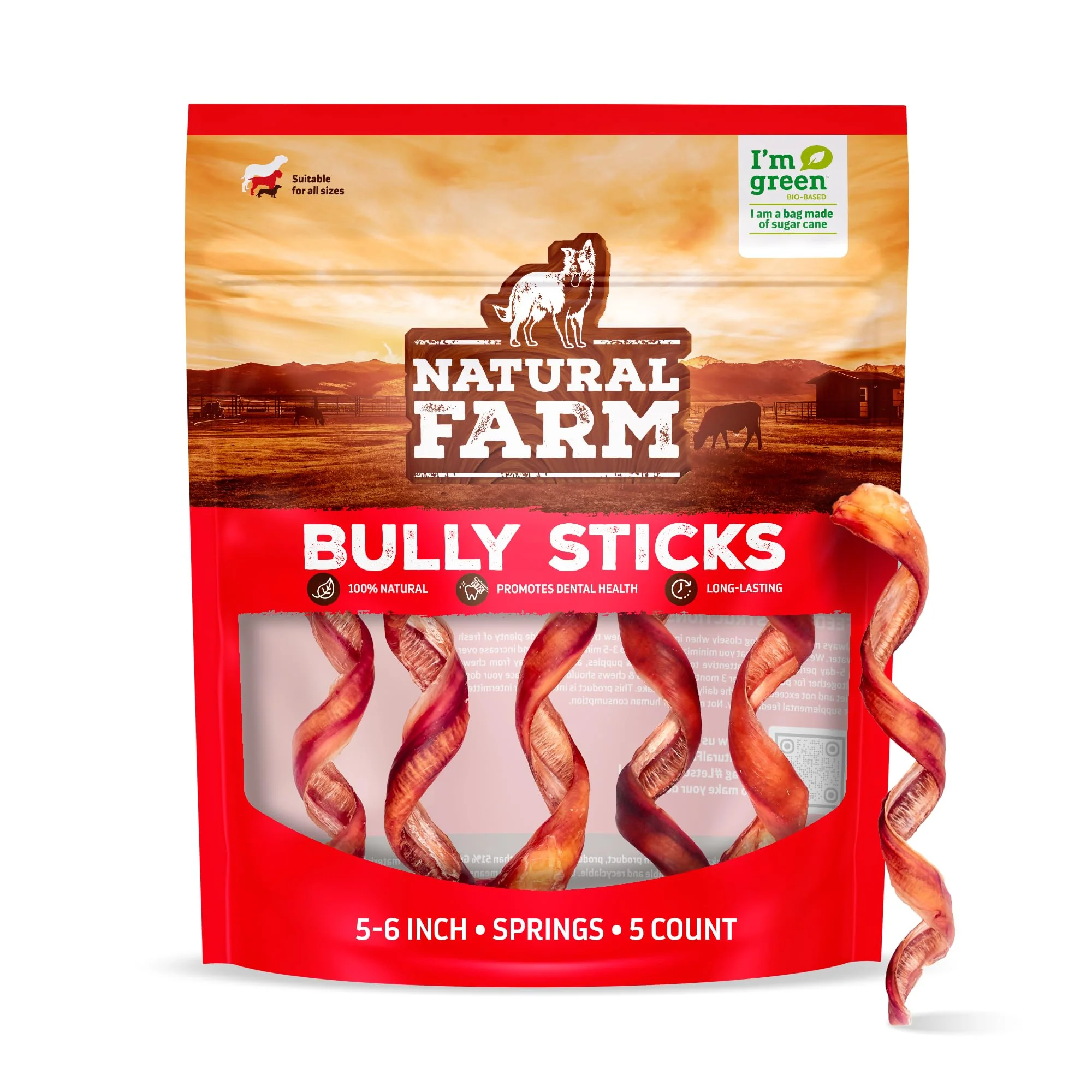 Organic Natural Farm Odor- Curly Bully Sticks 5-6 Inch 5 Pack - Fully Digestible Beef Pizzle Chews Grass-Fed Non-GMO Detailed