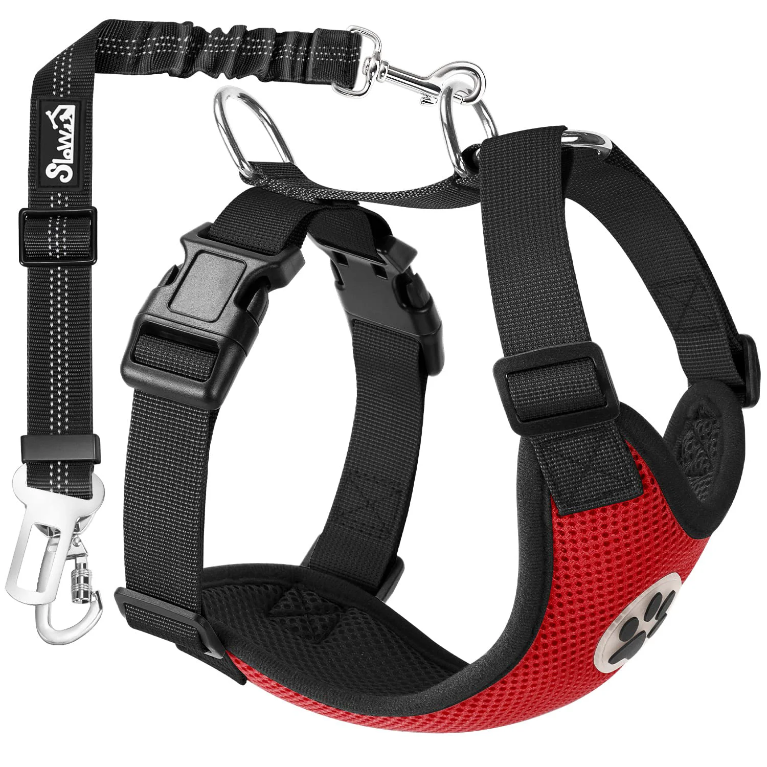 Innovative SlowTon Dog Seat Belt Harness for Car - Adjustable Mesh Red Double Clip XXXS Superior