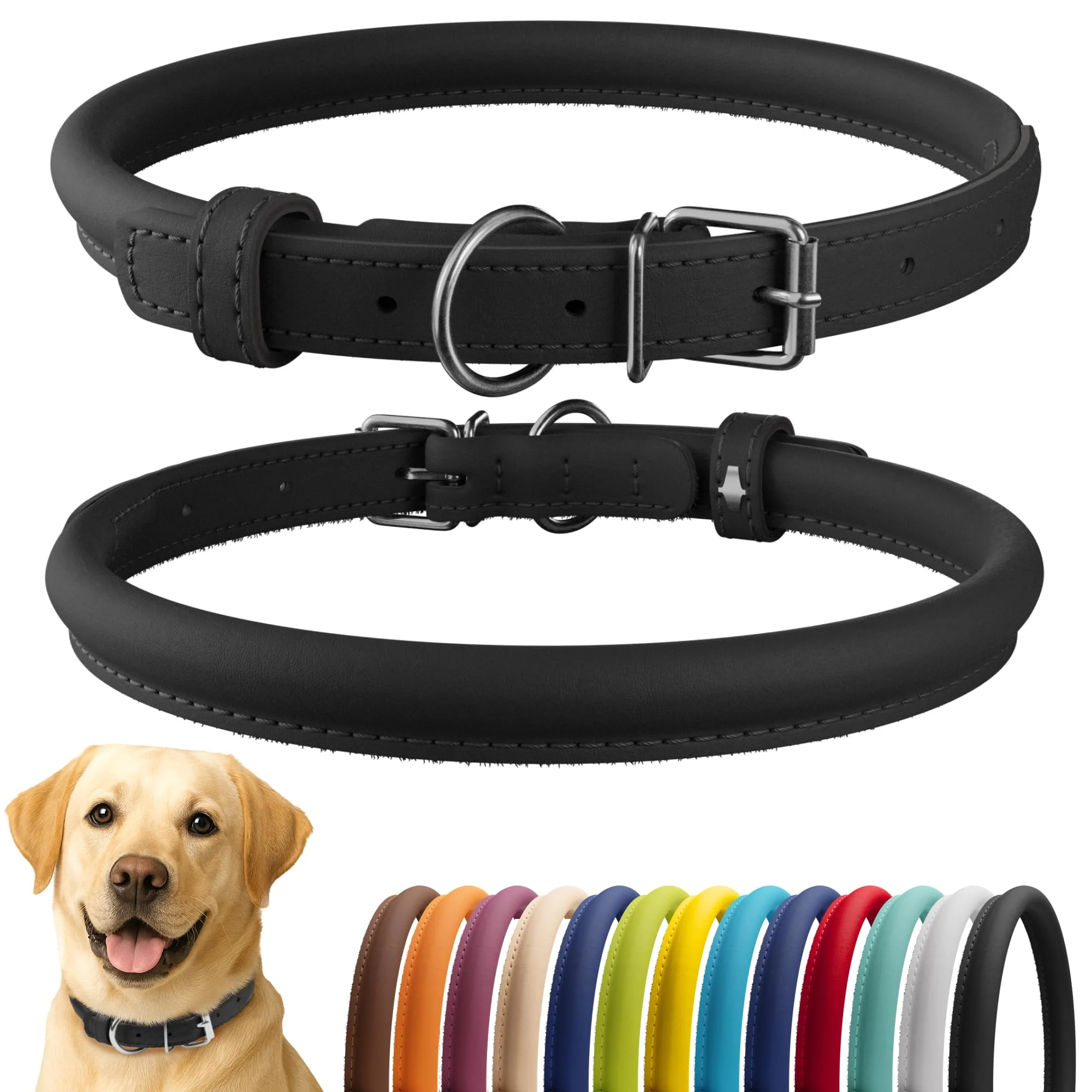 Smooth CollarDirect Rolled Leather Dog Collar - Soft Padded Handmade Leather 15-19 in 13 Colors Detailed