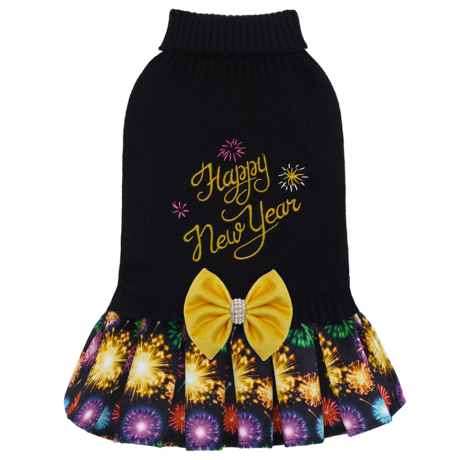 Official CuteBone Core Spun Happy New Year Dog Sweater Dress for Small Dogs DS104L — Bowtie Leash Hole Holiday Look Contemporary