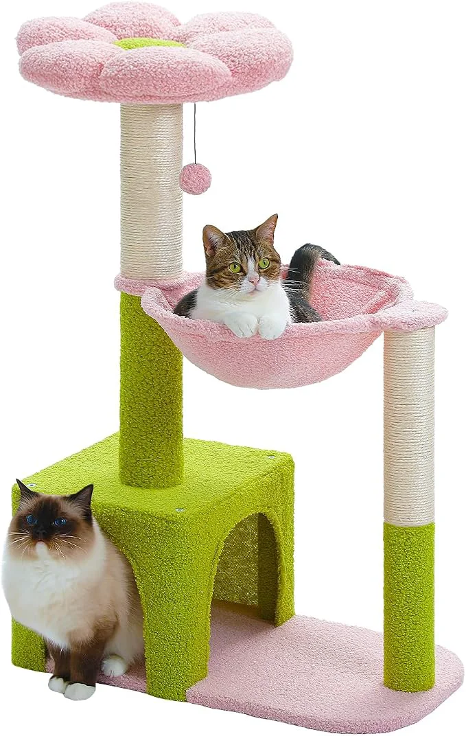 Environmentally Friendly Flower Cat Tree with Large Metal Frame Hammock Cat Condo with Pink Top Perch Secure