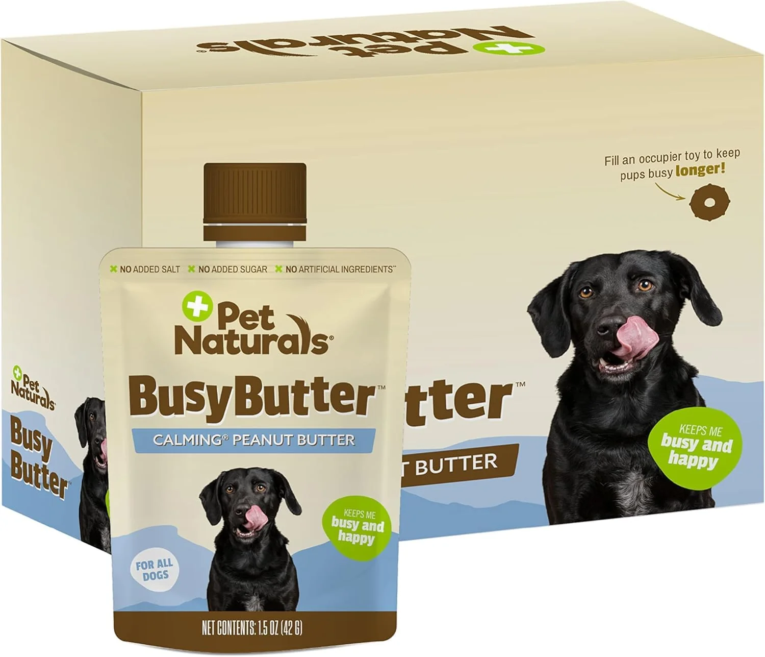 Quality Pet Naturals BusyButter Easy Squeeze Calming Peanut Butter for Dogs – 6 Pouches Smooth