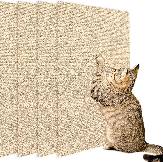Premium Material 4 Pack Cat Scratch Mats 24 x16 Self-Adhesive Trimmable Cat Scratching Post Organic
