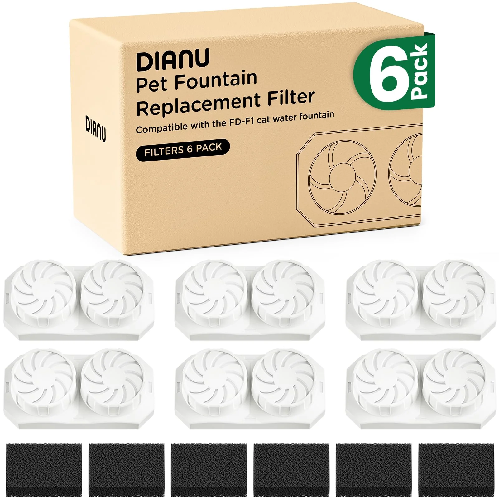 Recyclable DIANU Cat Fountain Filters Sponges — 6-Pack for 3.2L Stainless Steel Fountain Smooth