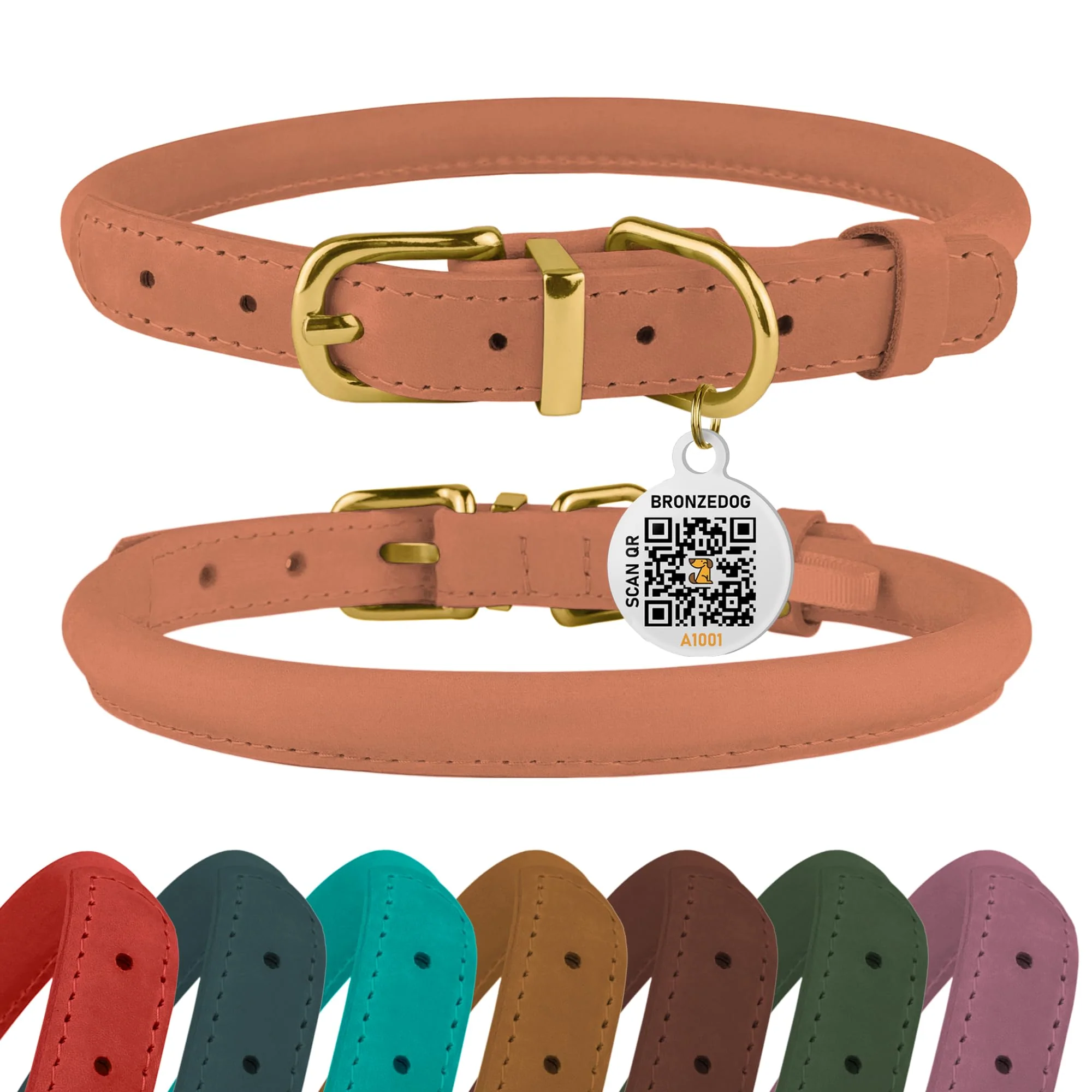 Practical BronzeDog Rolled Leather Collar with QR ID Tag – Adjustable 16–19 Neck Peach Minimalist