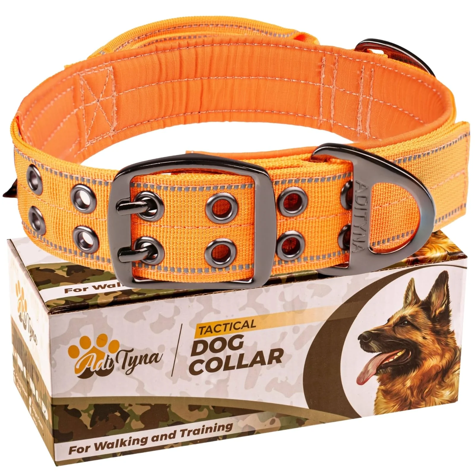 Comfortable ADITYNA Heavy Duty Dog Collar for Medium Dogs – Reflective Orange 15–19 Inch Adjustable with Handle and Neoprene Padding First-Class