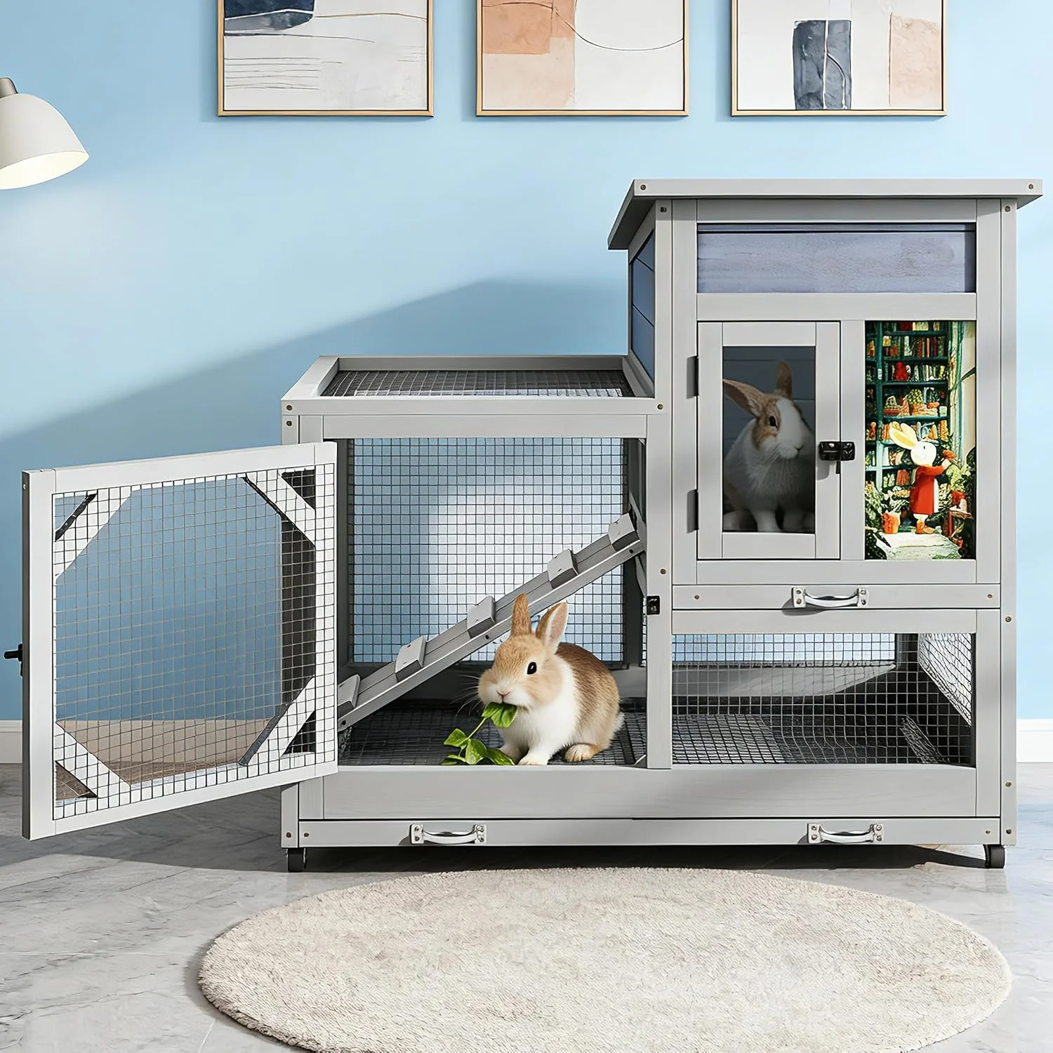 Premium Material COZIWOW Rabbit Hutch with 2 Wire Floors Gray Solid