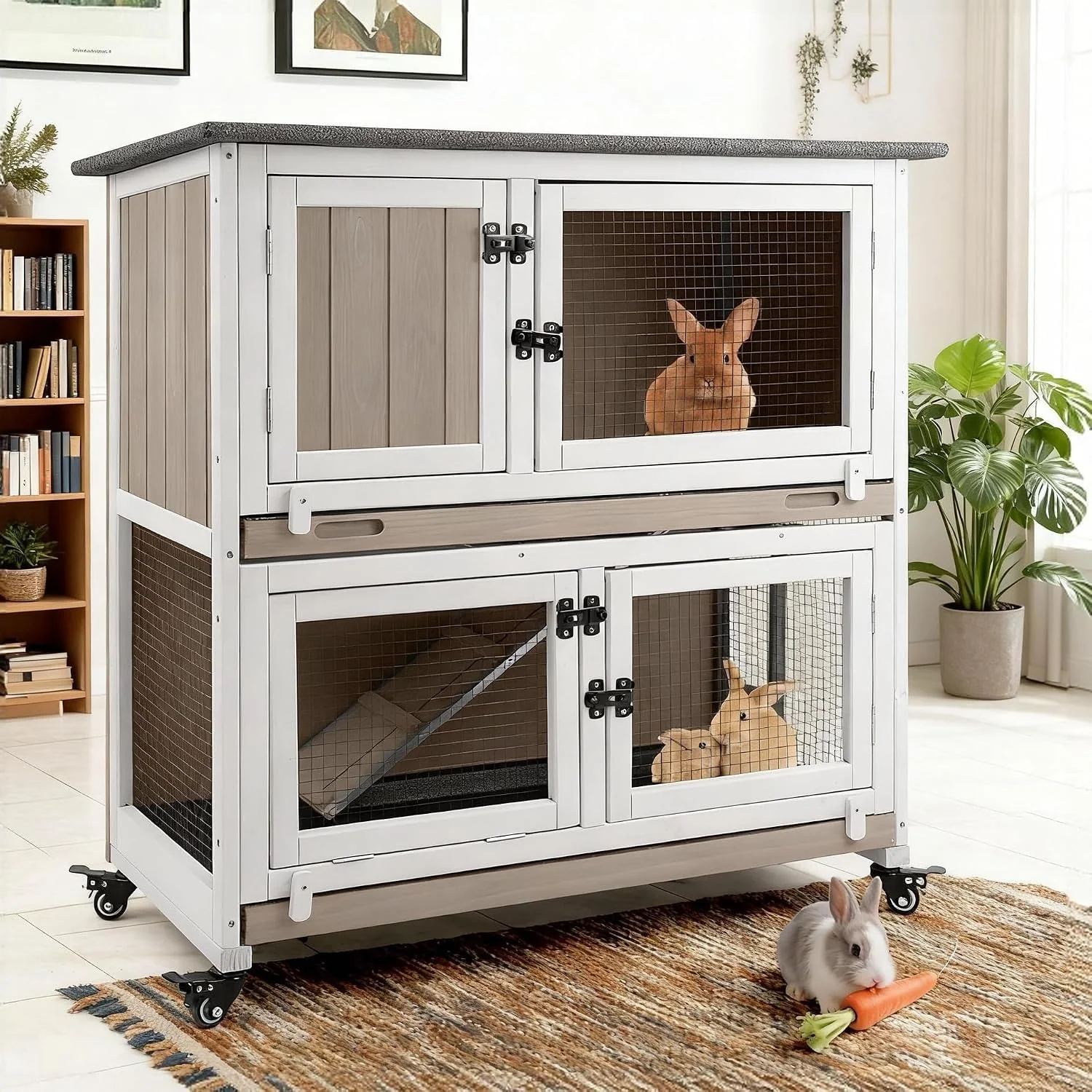 Professional 2-Story Wooden Rabbit Cage with 2 Pull-Out Trays 4 Wheels Flexible