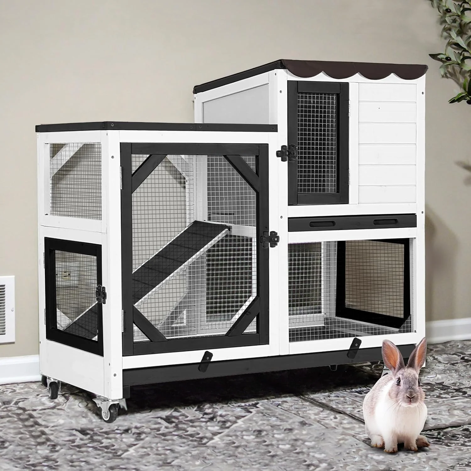 Original Gutinneen 39.3 Rabbit Hutch with Wheels Black and White Environmentally Friendly