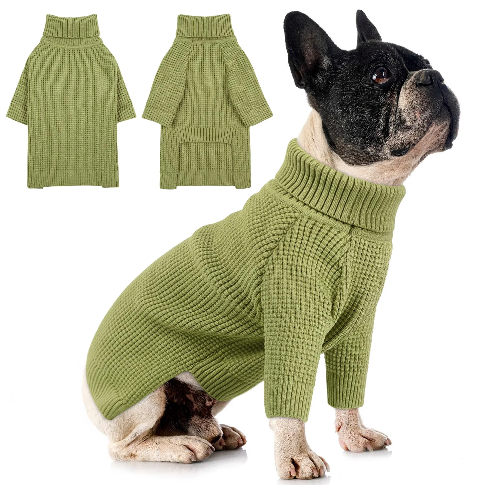 Next-Generation Queenmore Waffle Knit Small Dog Sweater - Green Turtleneck Easy-On Closure Carefully Designed