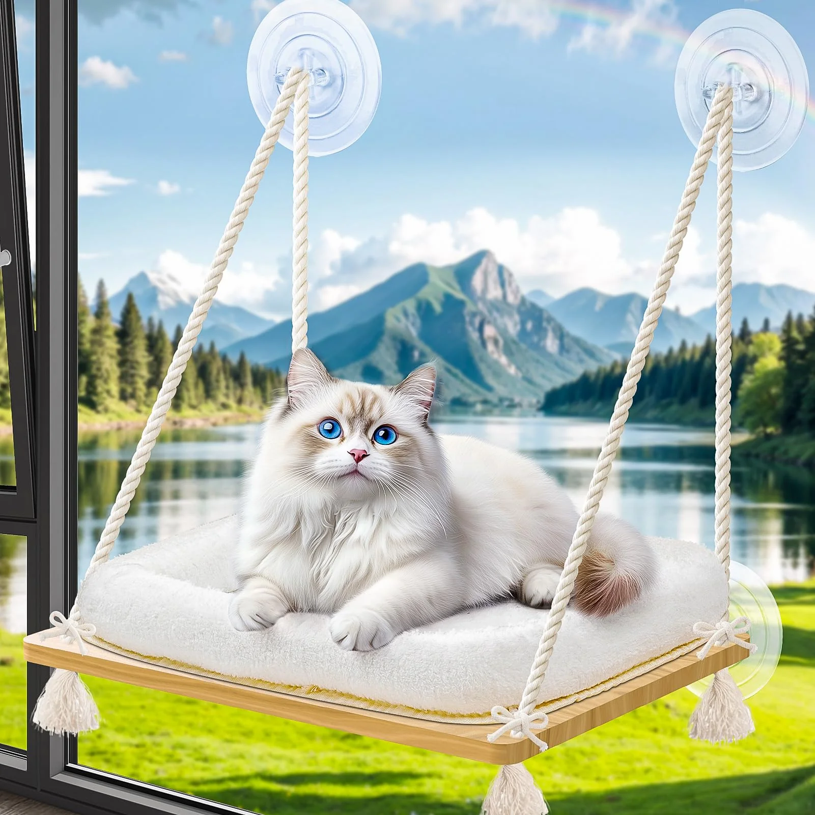 Reusable OJLUOJ Cat Window Perch Hammock – Solid Wood Frame Strong Suction Cups Window Bed for Small to Medium Cats Long-Lasting