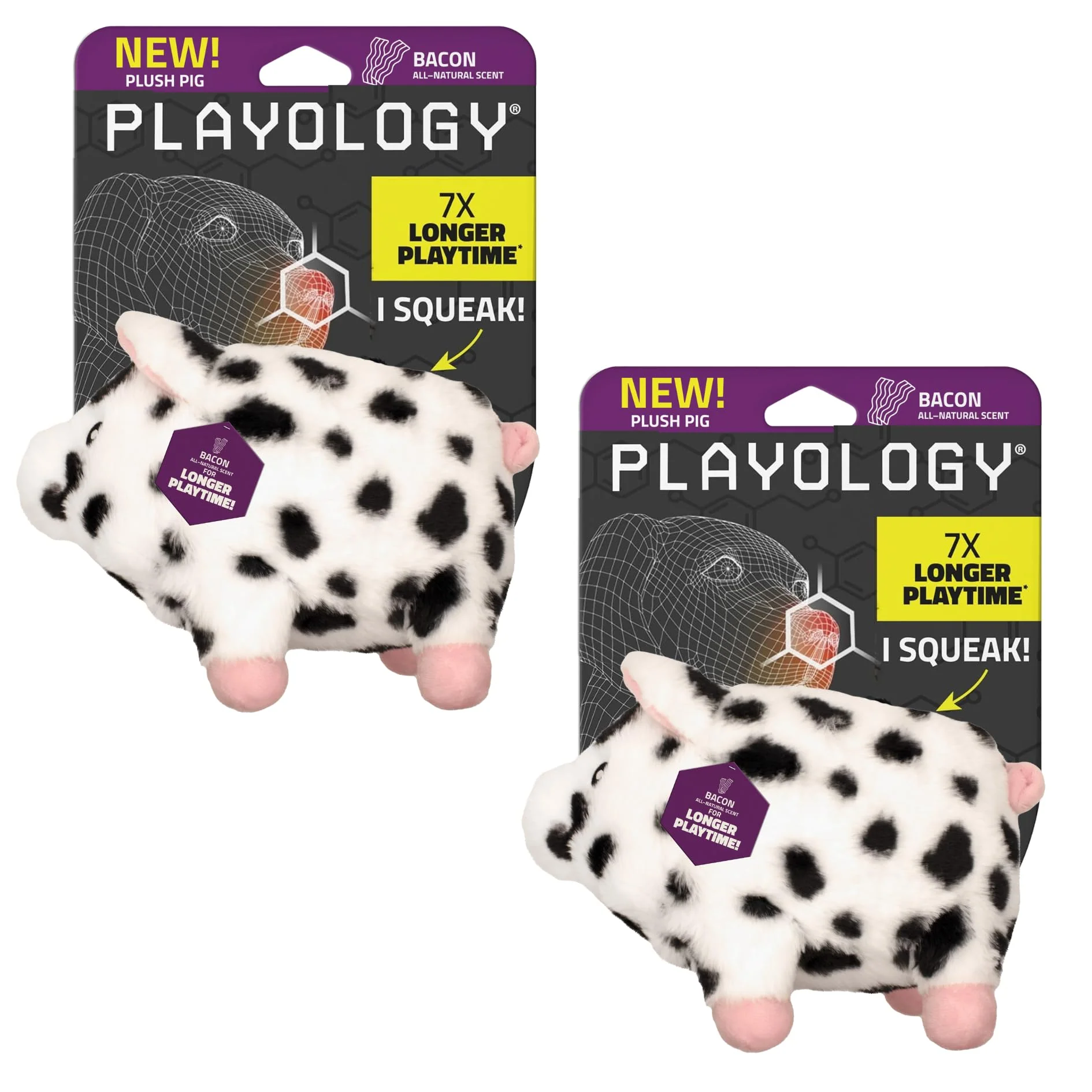 Pure Playology Dog Toys 2-Pack Plush Bacon-Scented Pig Toys for Dogs Natural