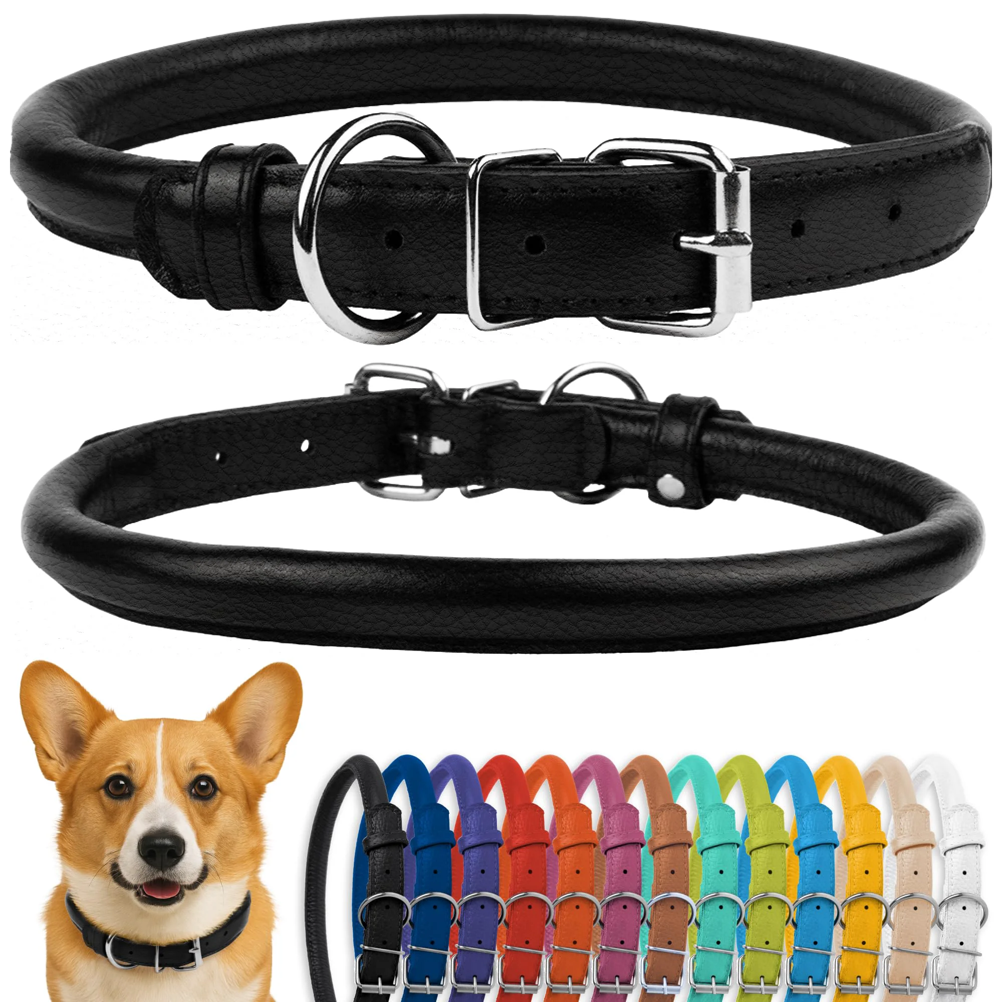 Detailed CollarDirect Rolled Leather Dog Collar - Soft-Padded 15-18in 13 Colors Pure