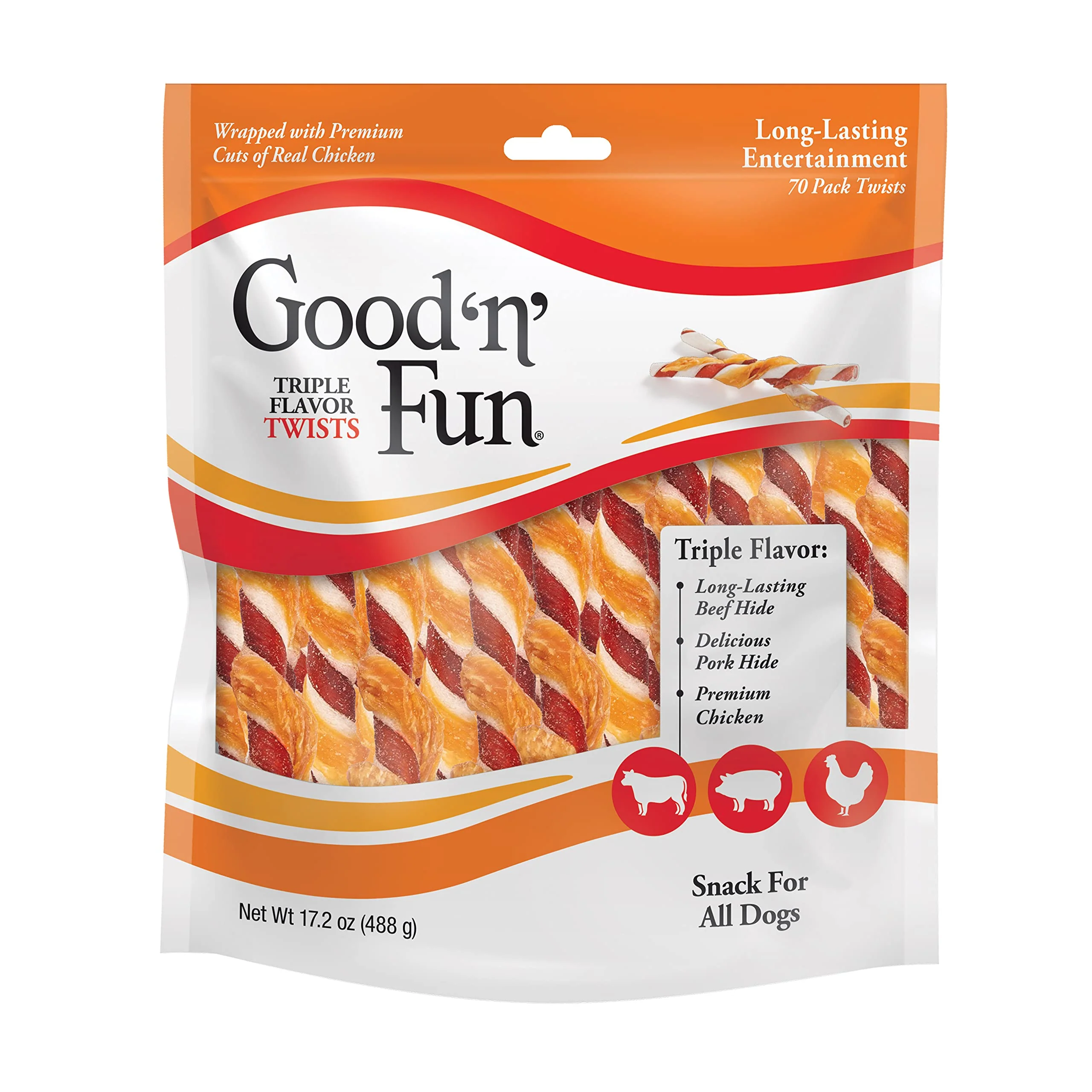 Long-Lasting Good 'n' Fun Triple Flavor Twists for All Dogs – 70 Count Beef Pork Chicken Chews Modern