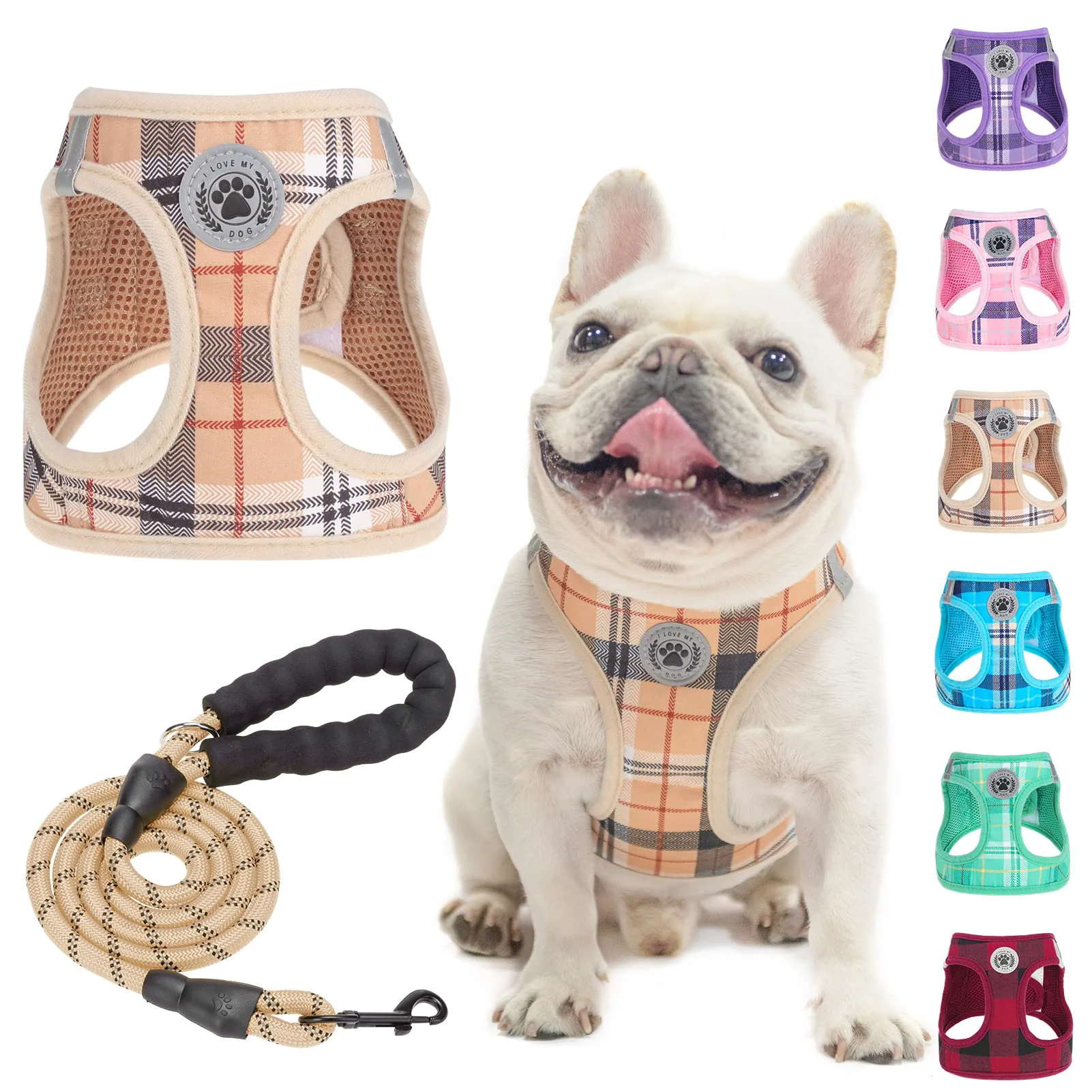 Smooth BEAUTYZOO Small Dog Harness Leash Set - Step-In No Pull Reflective Plaid Beige XS-L Premium Material