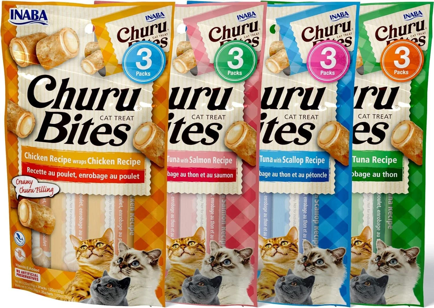 Elegant INABA Churu Bites for Cats — Soft Baked Chicken Center Treats 12 Tubes 4 Flavors Luxury