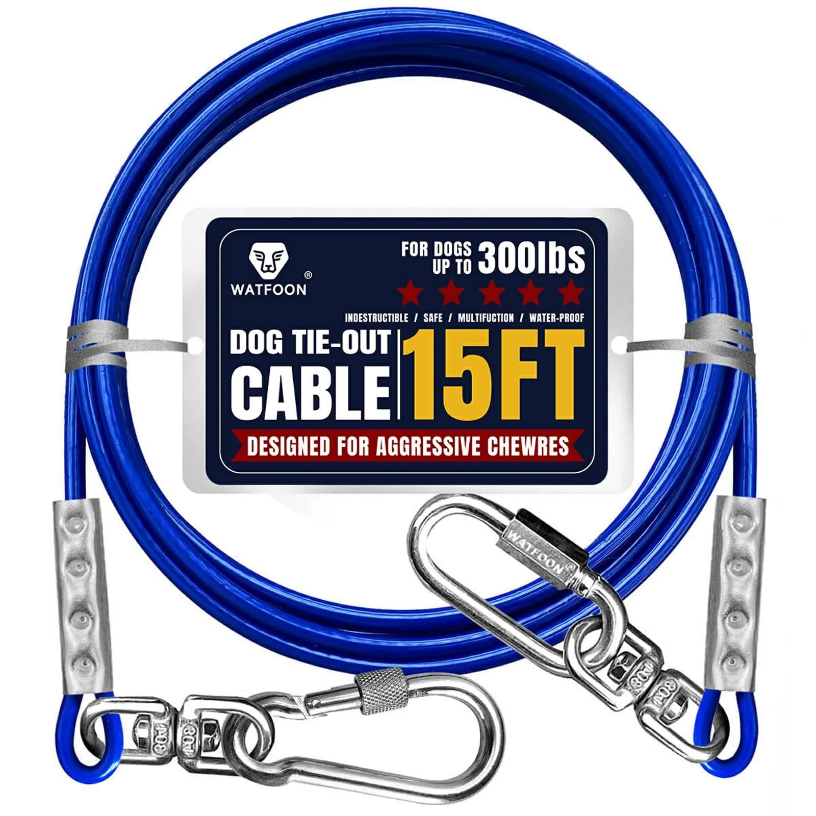Next-Generation WATFOON Tie Out Cable 15ft for Dogs Up to 300lbs – 1000lb Break Strength Blue Powerful