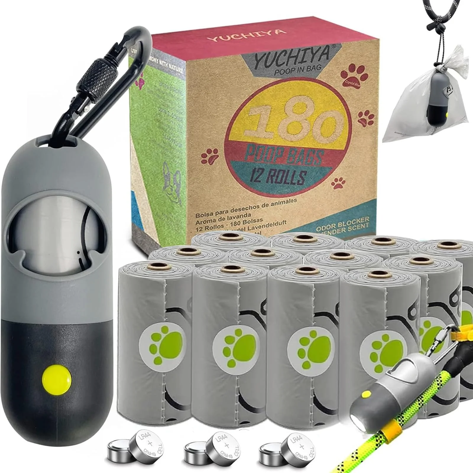 Crafted YUCHIYA Dog Poop Bags Holder with LED Flashlight – 195 Bags Grey Black Contemporary