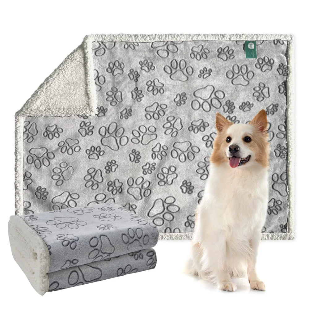 Prestigious Qeils Dog Blanket for Small Dogs – Waterproof Washable Sherpa Fleece 30×40 in Grey Paw Print Solid