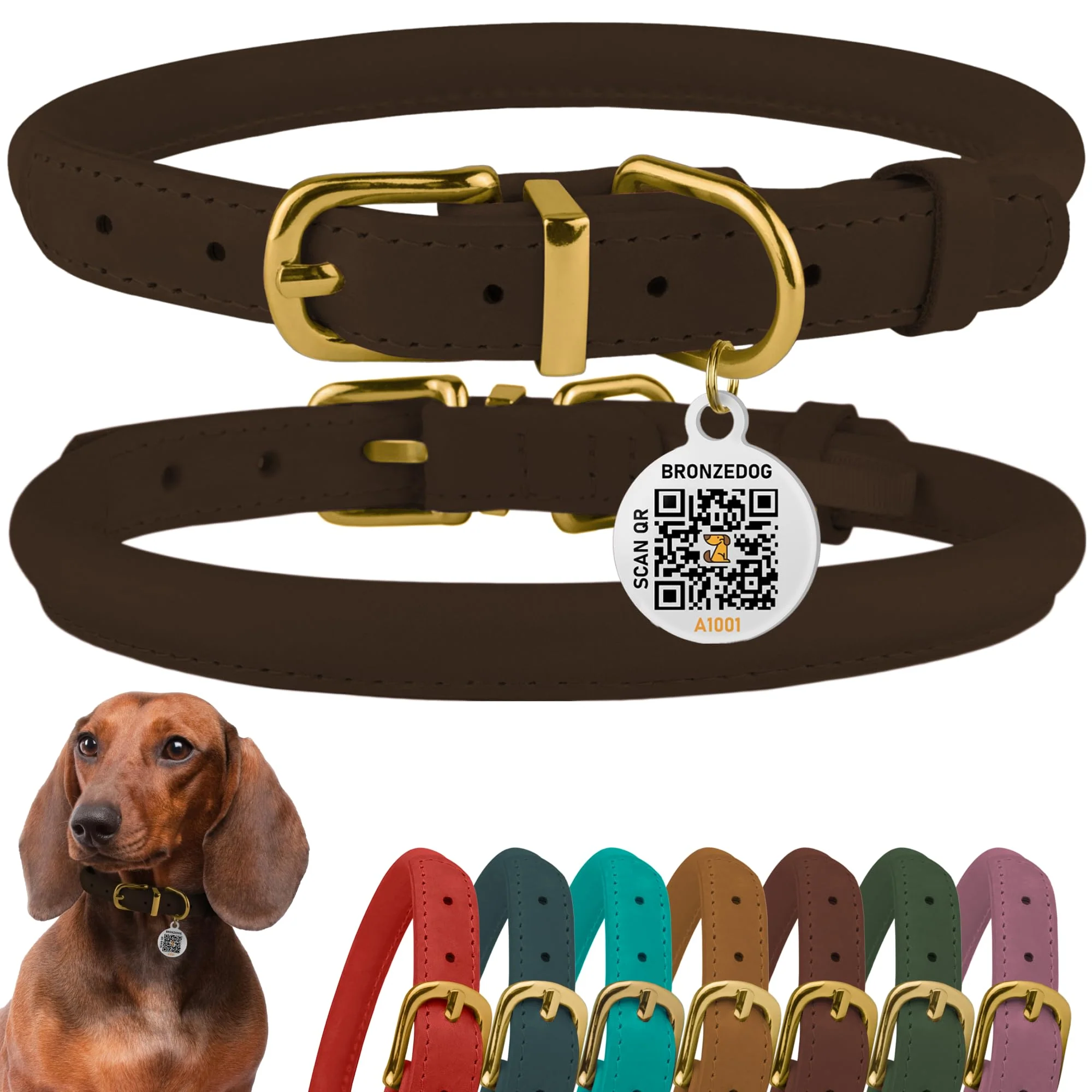 Functional BronzeDog Rolled Leather Collar with QR ID Tag — Adjustable 11–14.5 inch Neck Crazy Horse Leather Proven