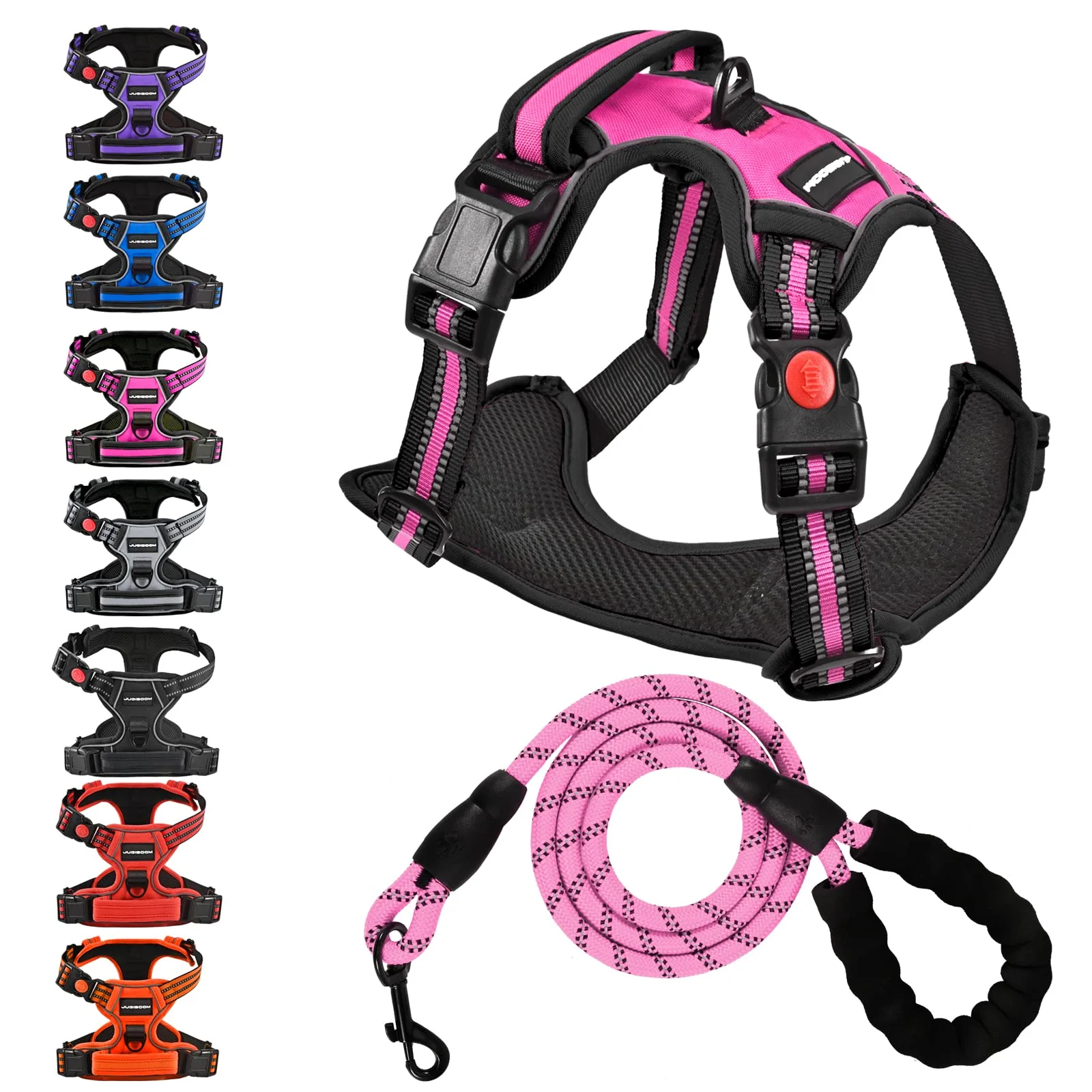 Effective Juqiboom No Pull Dog Harness with 5ft Leash – Adjustable Pink Vest Reflective No-Choke Medium Versatile