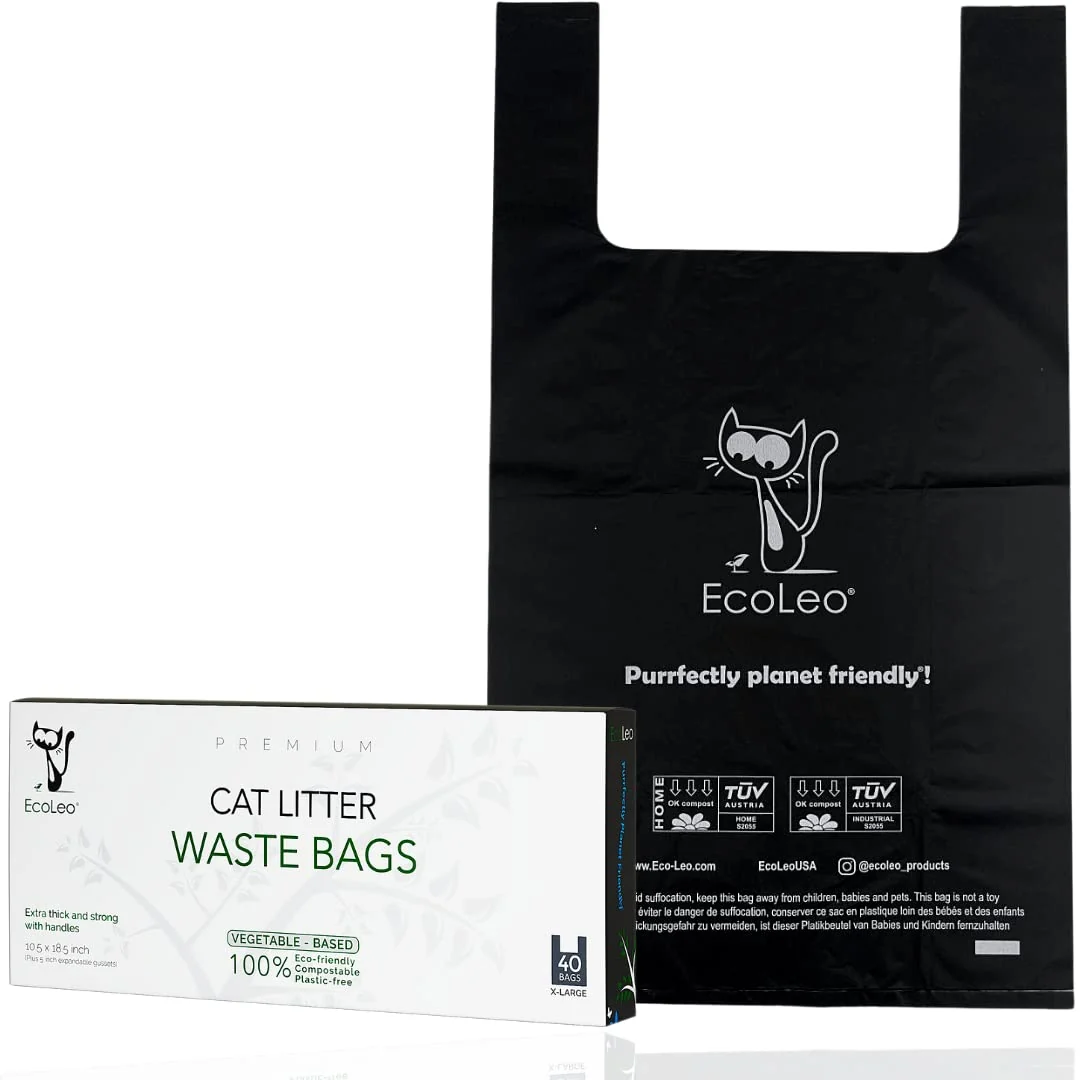 Fashionable EcoLeo Cat Litter Waste Bags XL - Compostable Plastic- Thick Easy-Tie Handles USA Non-Profit Organic