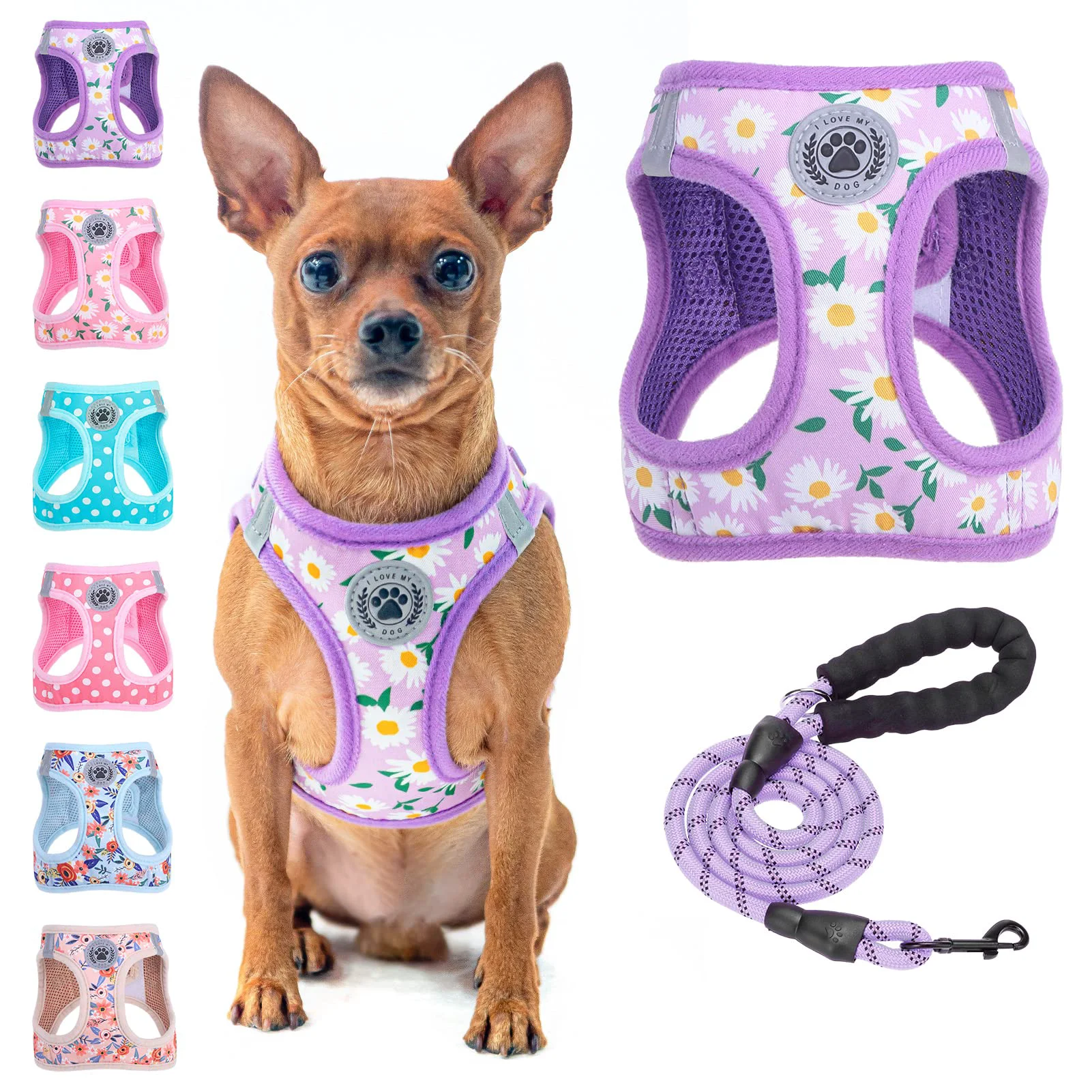 Original BEAUTYZOO Step-in Floral Reflective Harness Leash Set — No-Pull No-Choke for XXS–S Small Dogs Cats Classic