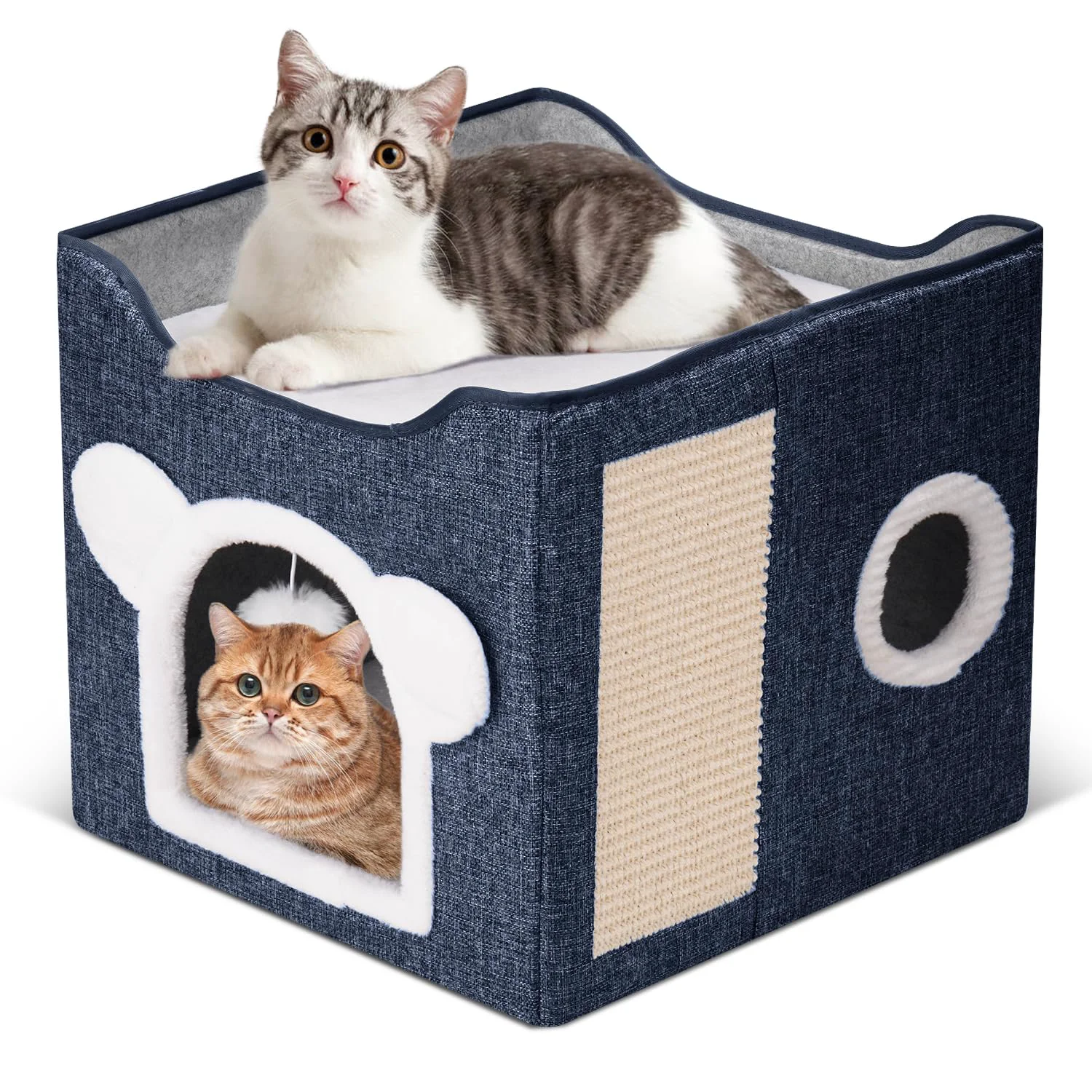 Refined Areerlaf Large Cat Bed Cave – Foldable Cat House with Scratch Pad Plush Ball 16.5x16.5x13.2 in Dark Blue Durable