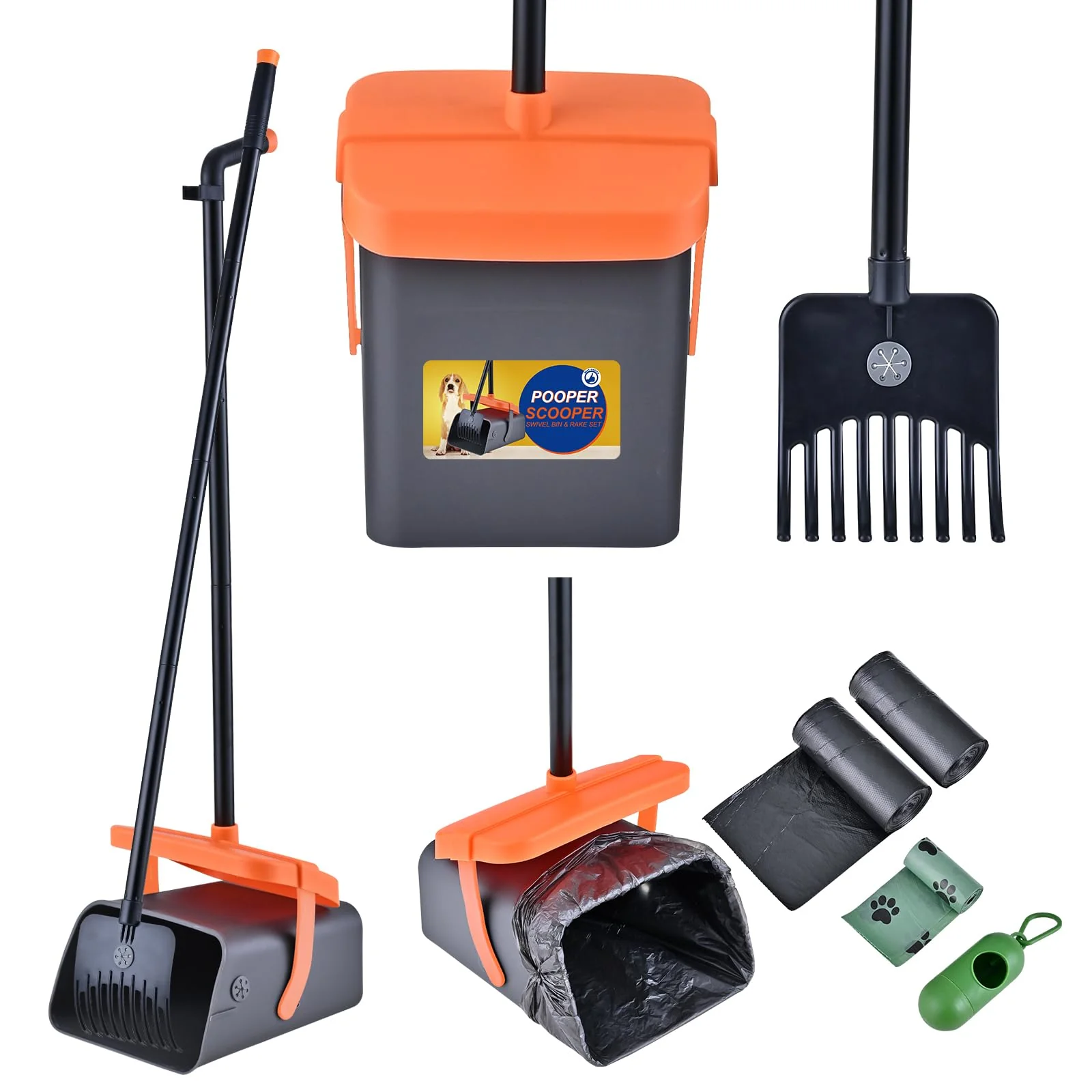 High-Performance ilongood Dog Pooper Scooper Swivel Bin Rake Kit — 46in Handle 55 Bags Included Effective