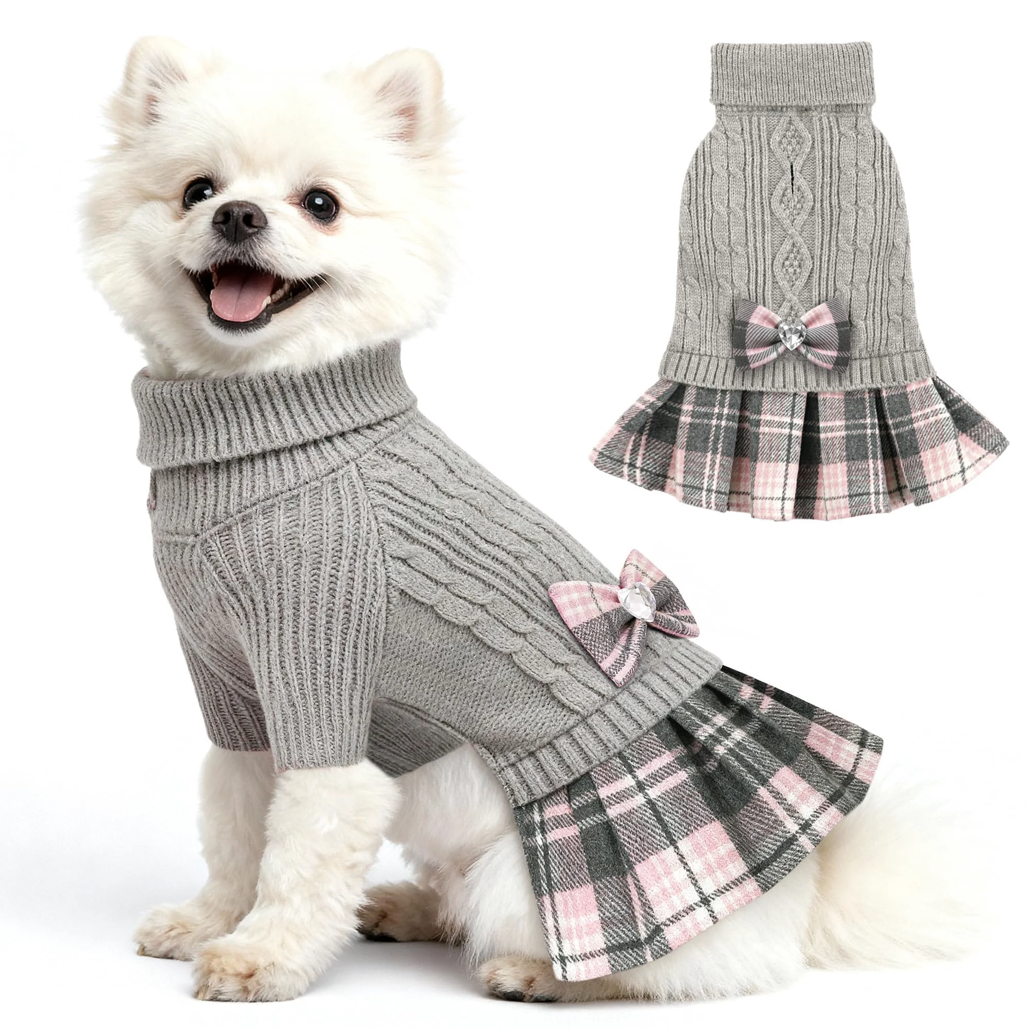 Innovative YUDODO Dog Sweater Dress with Bowtie – Turtleneck Knit Winter Outfit for Small Dogs Crafted