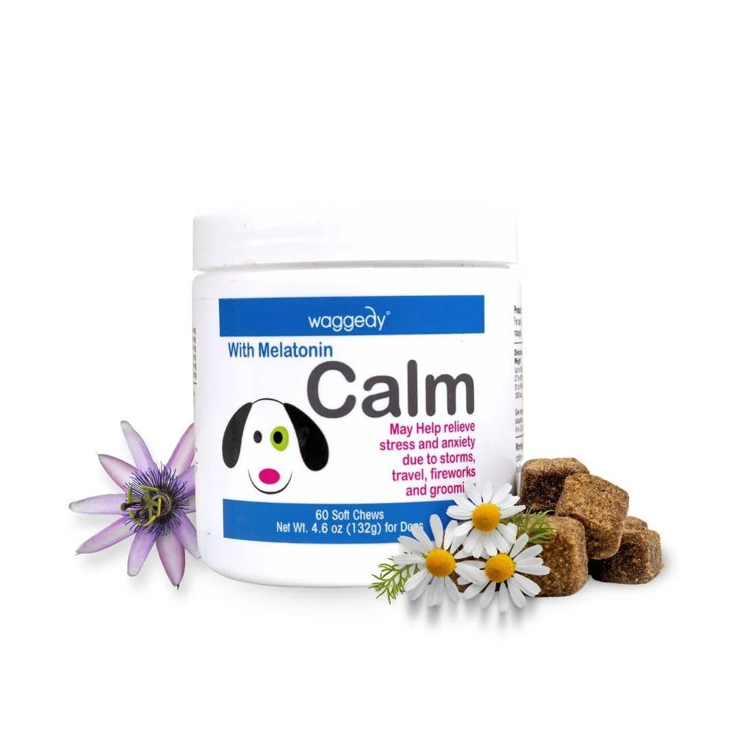 Enhanced waggedy Calm with Melatonin – Calming Dog Chews for Stress Anxiety 60 Chews Advanced