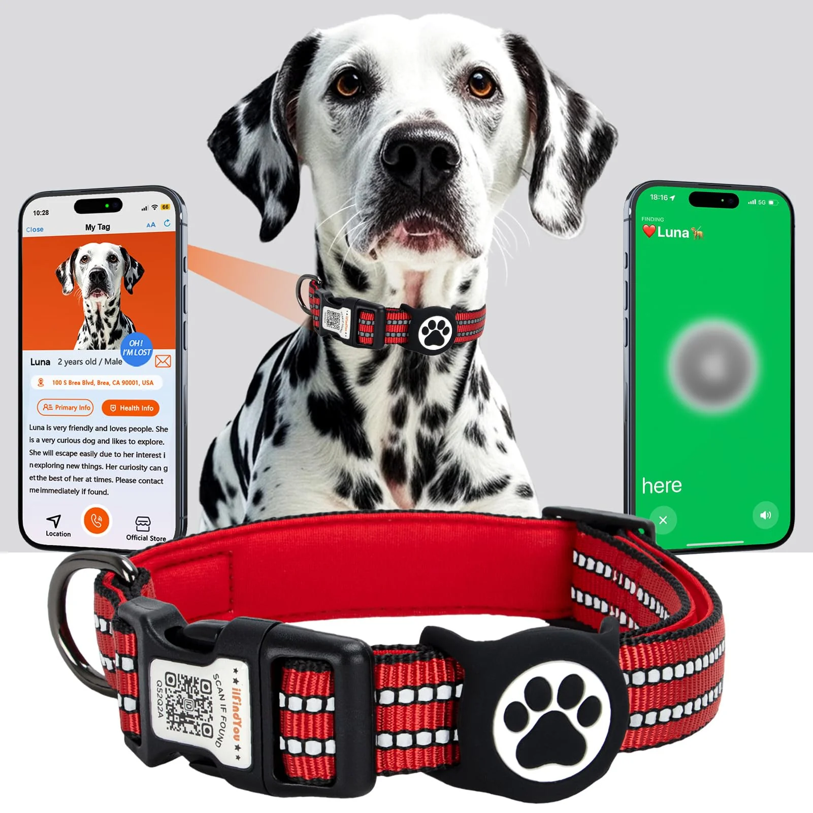 Original Design ilFindYou AirTag Dog Collar for Large Dogs – IP68 Waterproof Reflective Padded Lining Red Large Quality