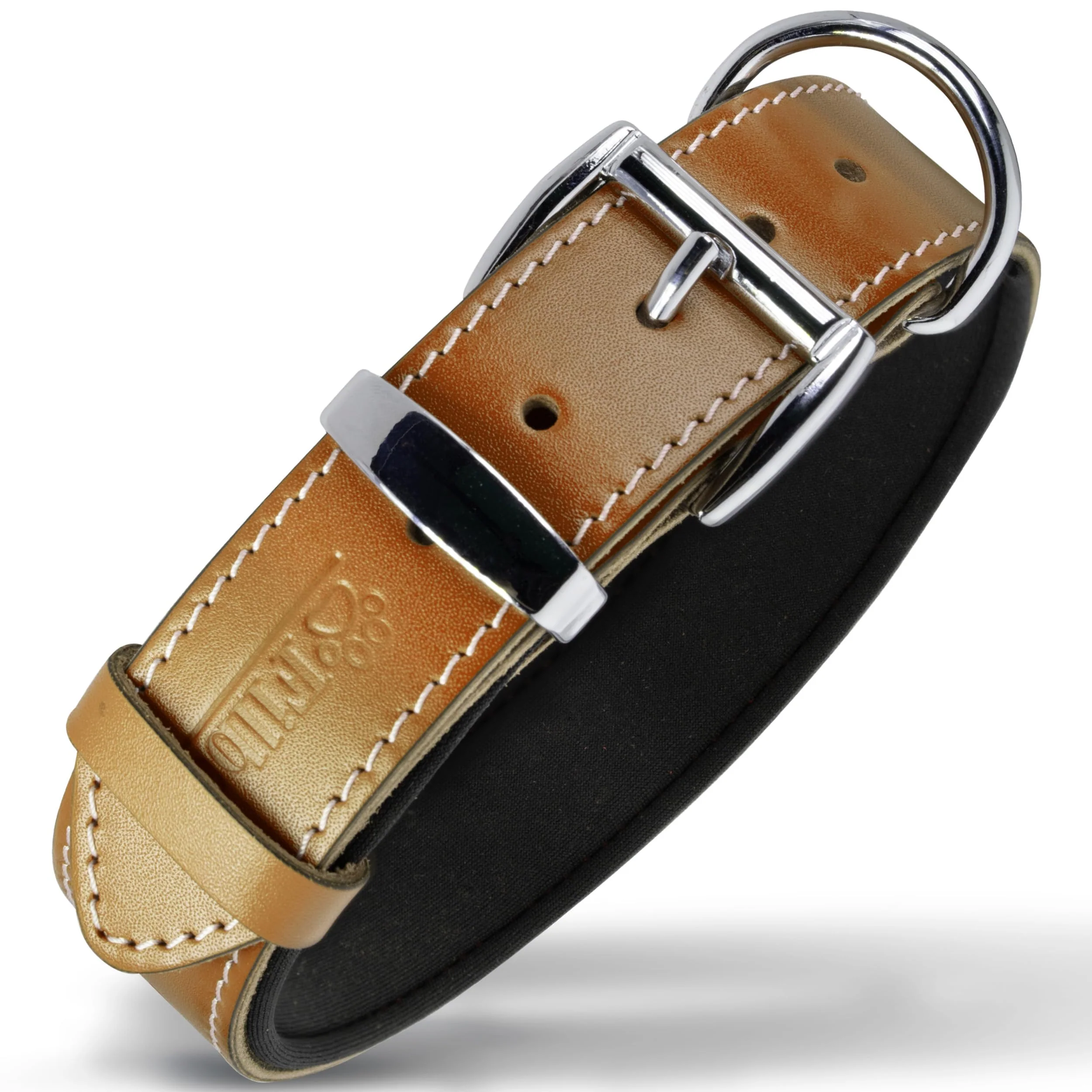 Selected Filbert Leather Dog Collar – Vegetable-Tanned Full-Grain Leather for Large Dogs Pawprint Embossed Camel Soft