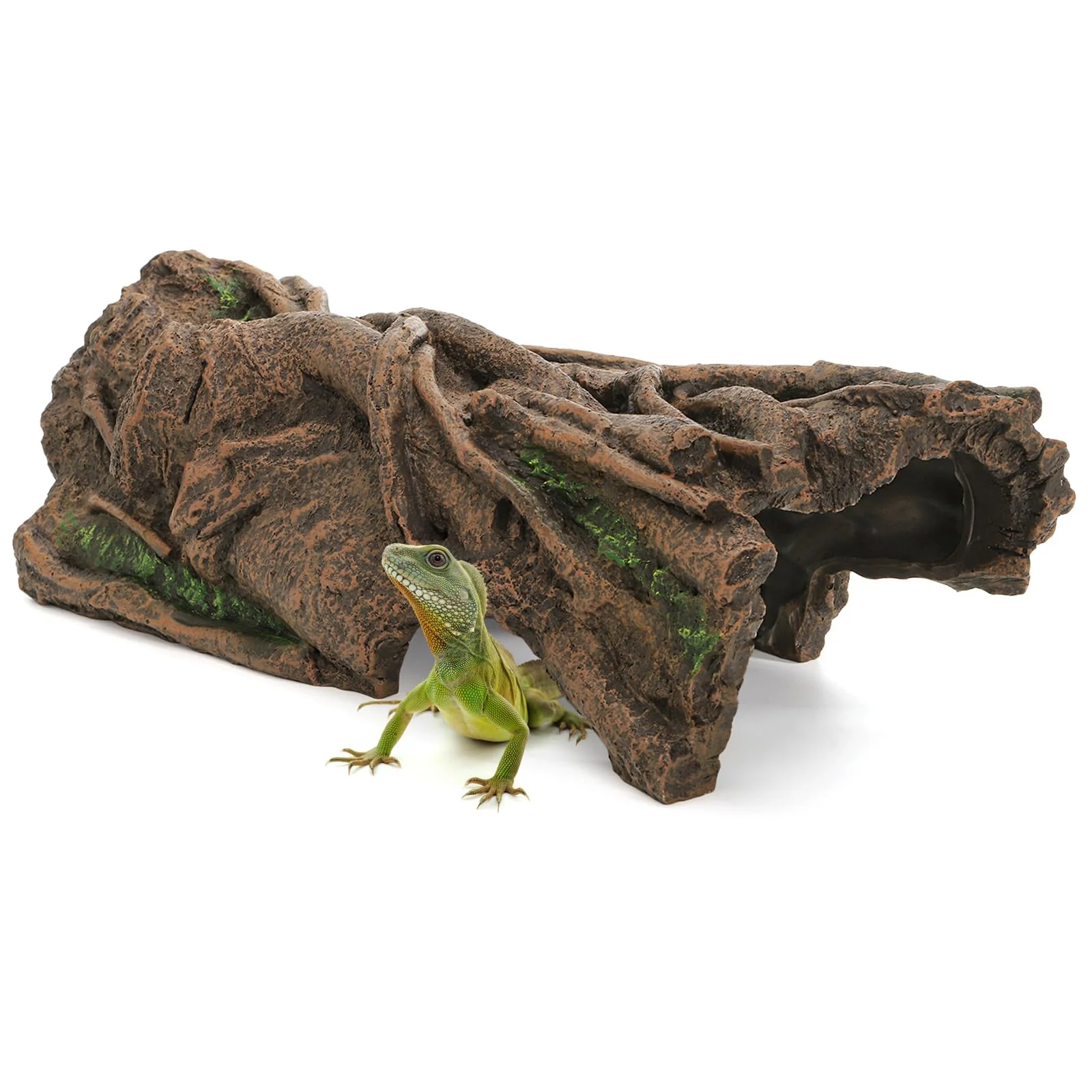 Green Jowgut Aquarium Resin Bark - Large Hollow Tree Trunk Hideout for Bettas Reptiles Recyclable