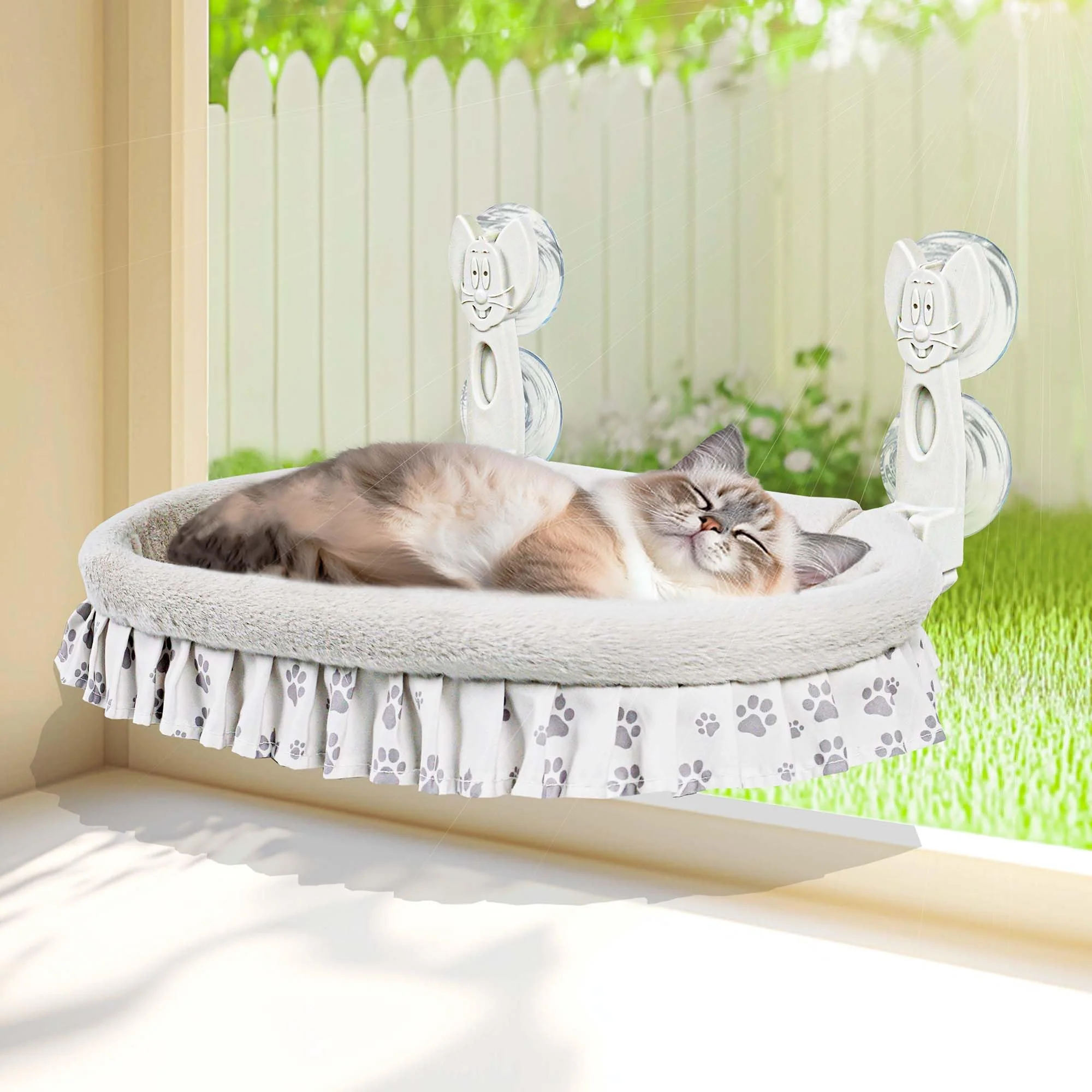 Next-Generation RherGrac Cat Window Perch for Large Cats – No Tools 4 Suction Cups Soft Chew-Resistant Fleece Easy Clean Practical
