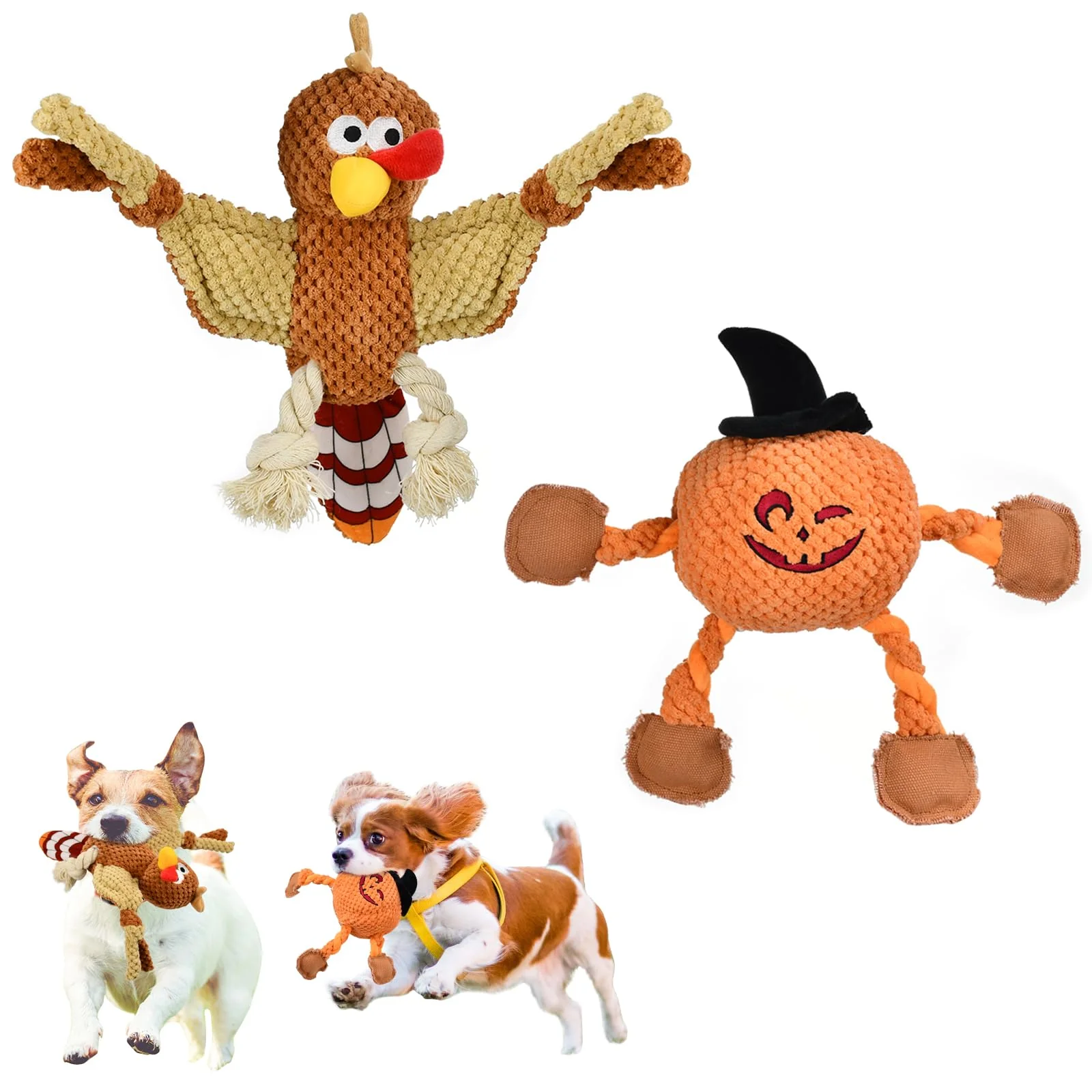 Quality Vehomy Halloween Thanksgiving Dog Toy Set — Pumpkin Turkey Squeaky Plush Toys Secure