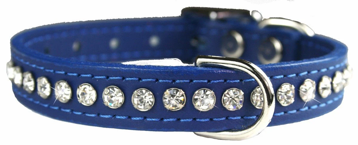 Secure OmniPet Signature Leather Crystal Dog Collar – Blue Leather 6–8 Inch Neck 10-Inch Length USA Made Safe