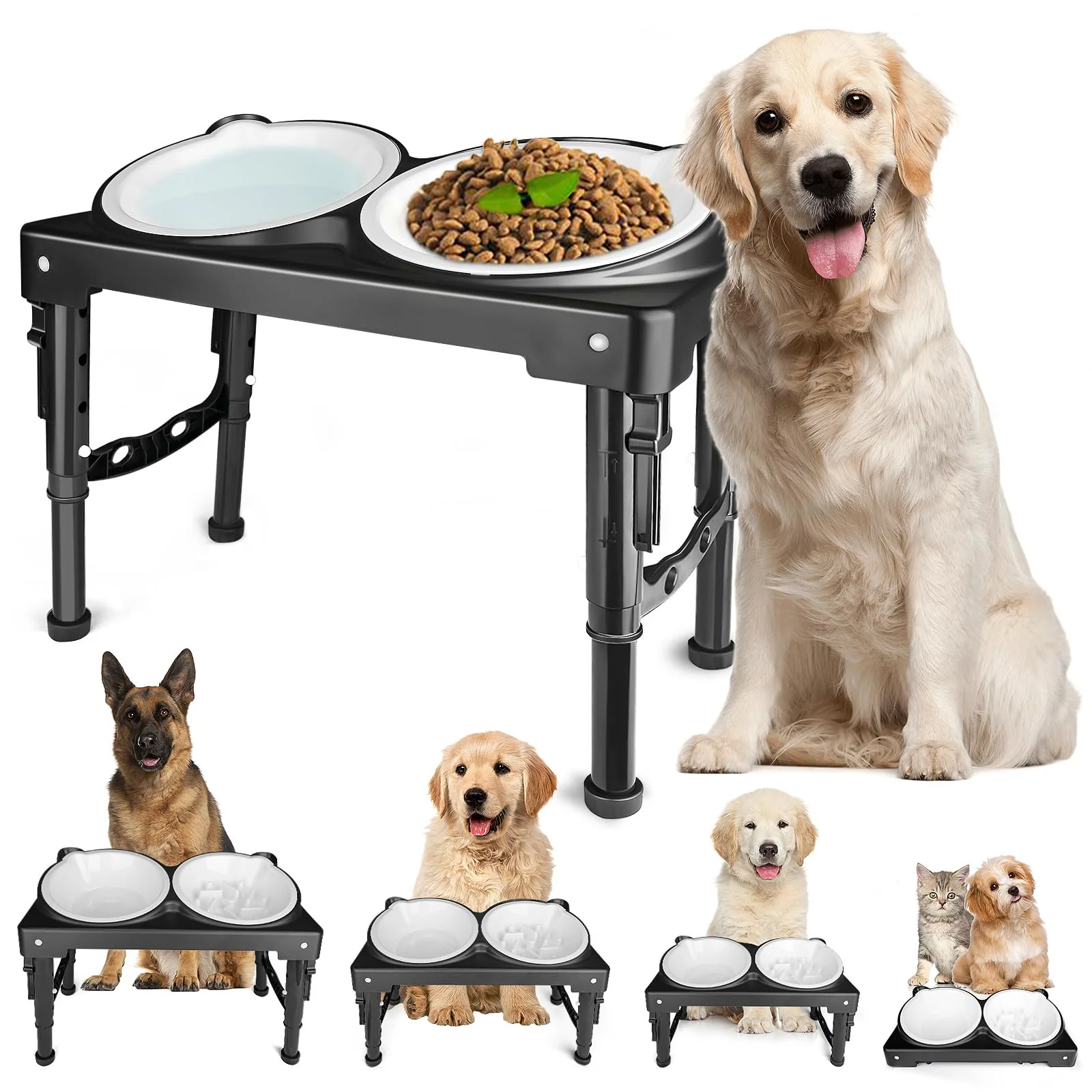 Premium ZTMT d Dog Bowls - Collapsible 5-Height Adjustable Stand 2 Bowls Slow Feeder Minimalist