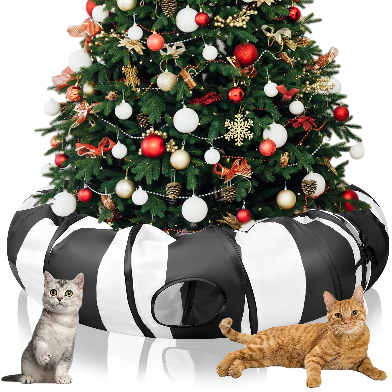 Long-Lasting SilTriangle Cat Tunnel Bed Christmas Tree Skirt — 142in Long Black White 4x4ft Kitty Cave Outstanding