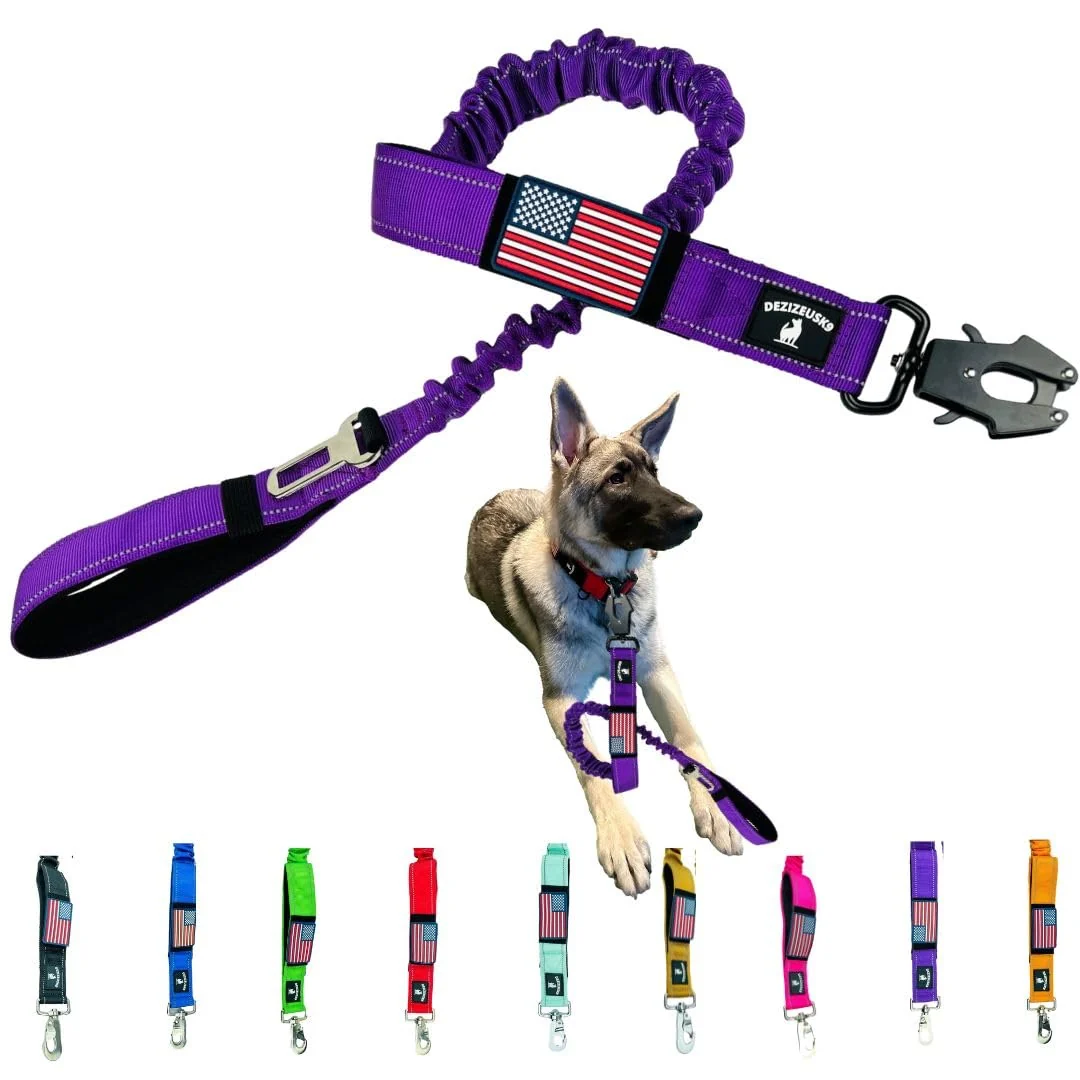 Practical DEZIZEUSK9 Heavy Duty Bungee Dog Leash – Shock-Absorbing Dual Handles Seat Belt Clip Luxury