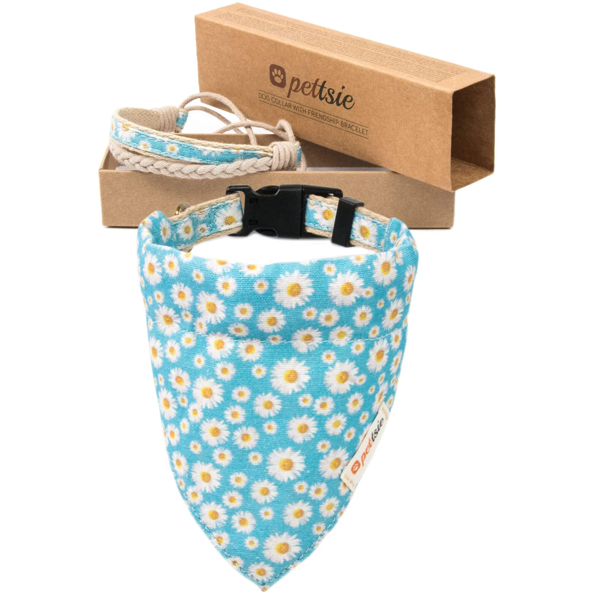 Official Pettsie Dog Bandana Collar with Matching Bracelet – Adjustable Hemp Turquoise Medium Top-Quality