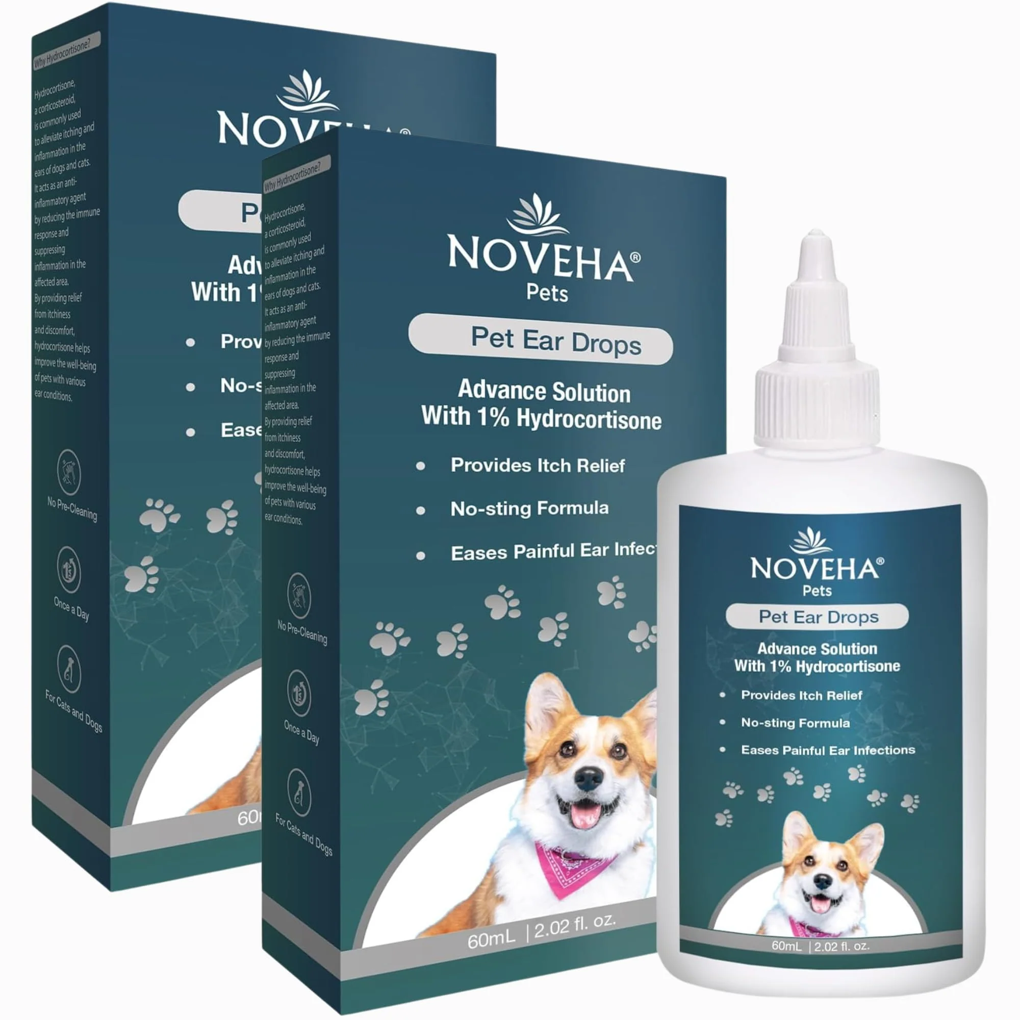 Secure NOVEHA Pet Ear Drops 1 Hydrocortisone – No-Sting Ear Cleaner for Dogs Cats 60mL Pack of 2 Safe