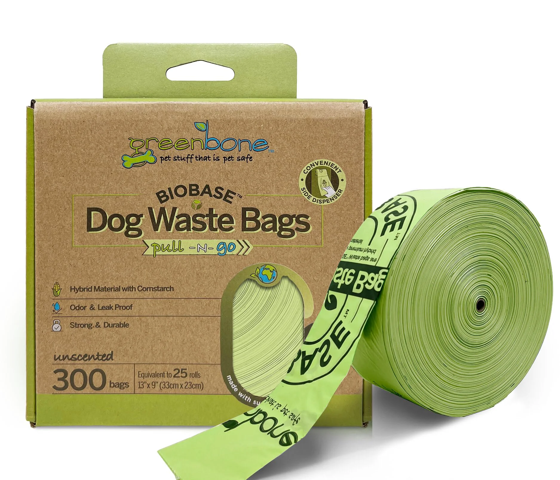 Elegant Greenbone BioBase Pull and Go Poop Bags – 300 Bag Roll Unscented Box Dispenser World-Class